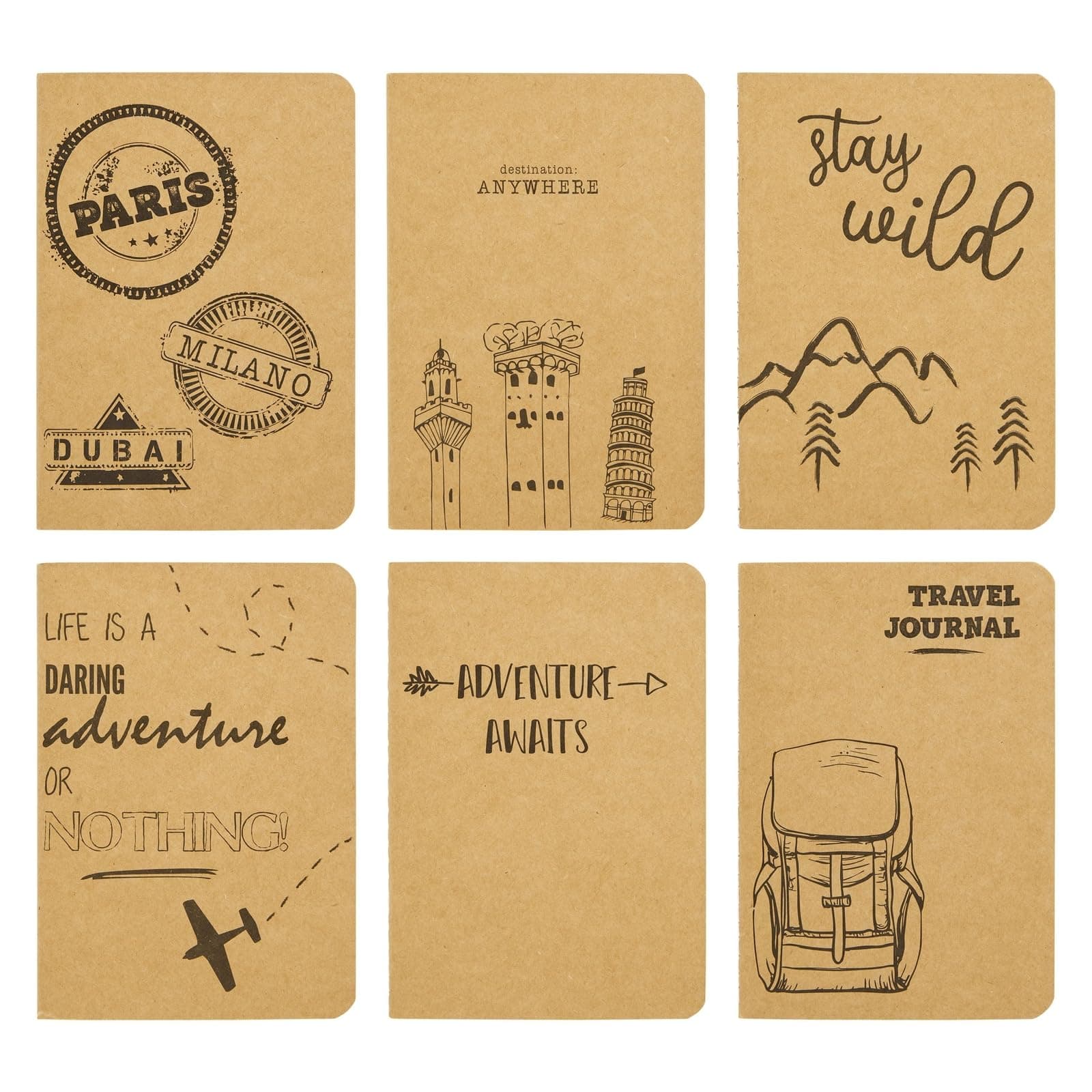 Paper Junkie A6 Notebook Bulk - 4x6 Brown Kraft Paper Lined Journals for Kids, Coworkers, Office School Supplies (80 Lined Page, 4 x 5.75 In) - 6 Adventure & Travel Designs (Pack of 12) - Journal