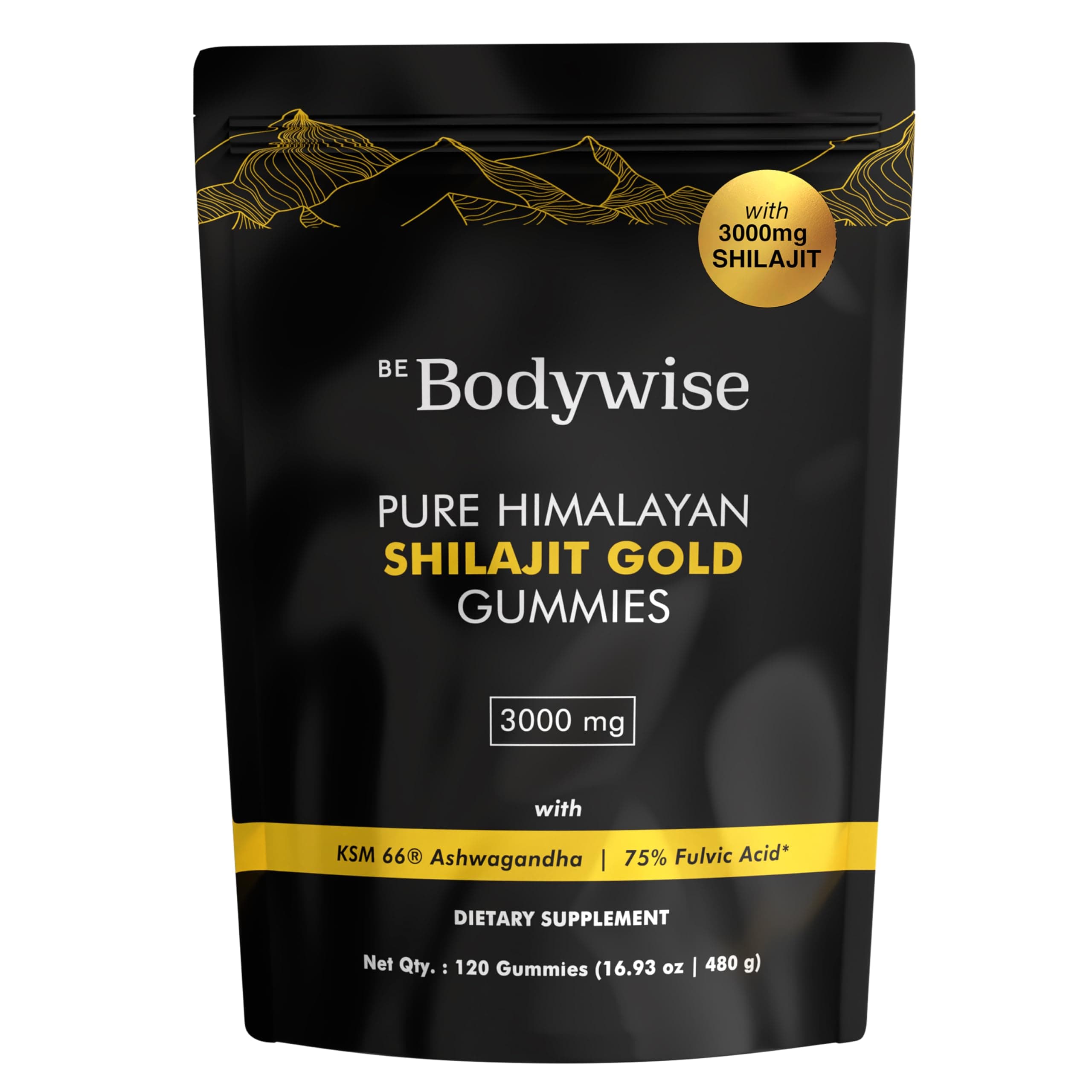 Be Bodywise Pure Himalayan Shilajit Gummies Gold I No Added Sugar I Ashwagandha, Gokshura| Fulvic Acid & 85+ Trace Minerals I for Men, Women I Non-GMO I 100% Natural & Organic I 120 Gummy I Pouch