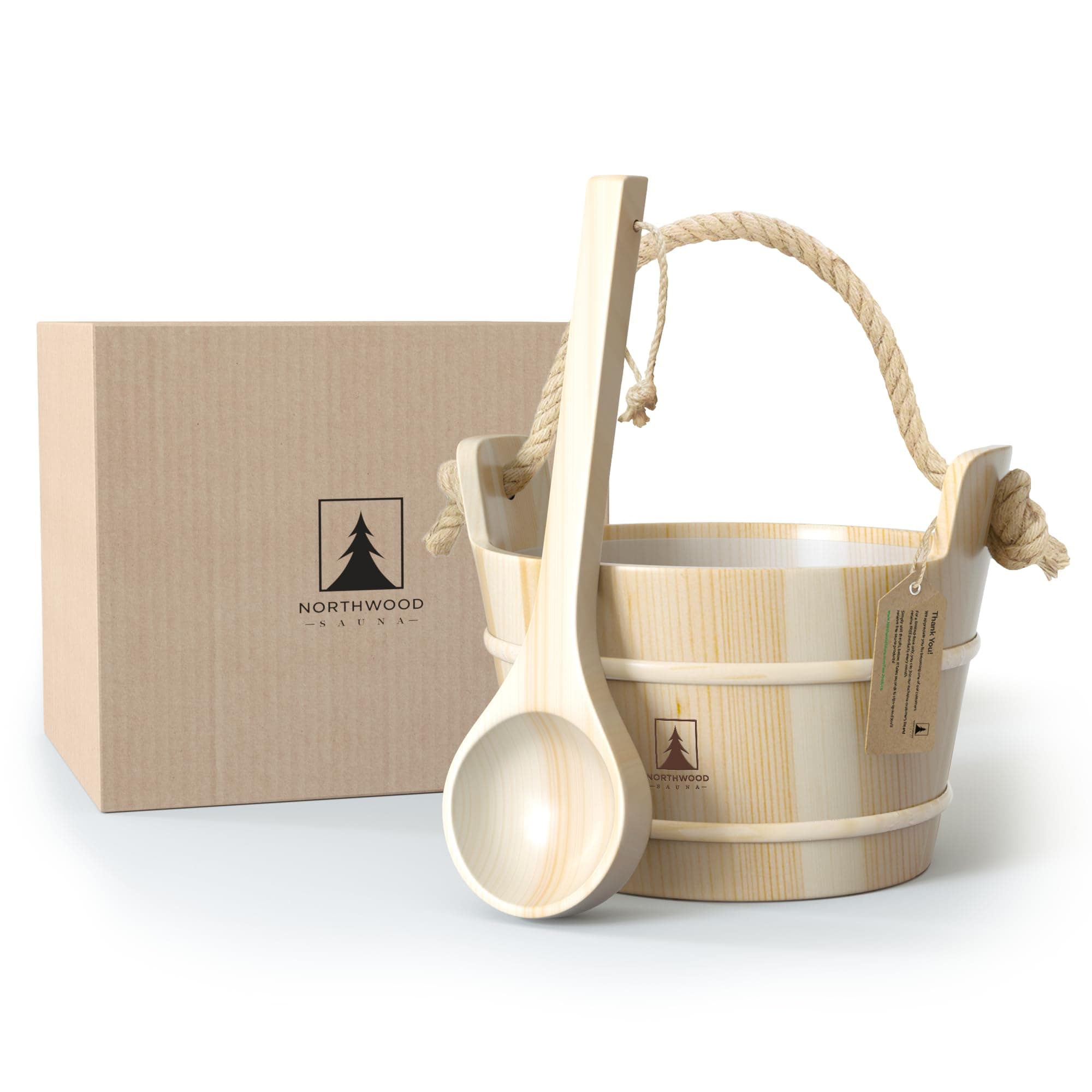 Bucket and Ladle Set - Handmade from Finnish Wood - Plastic Liner and Rope Handle
