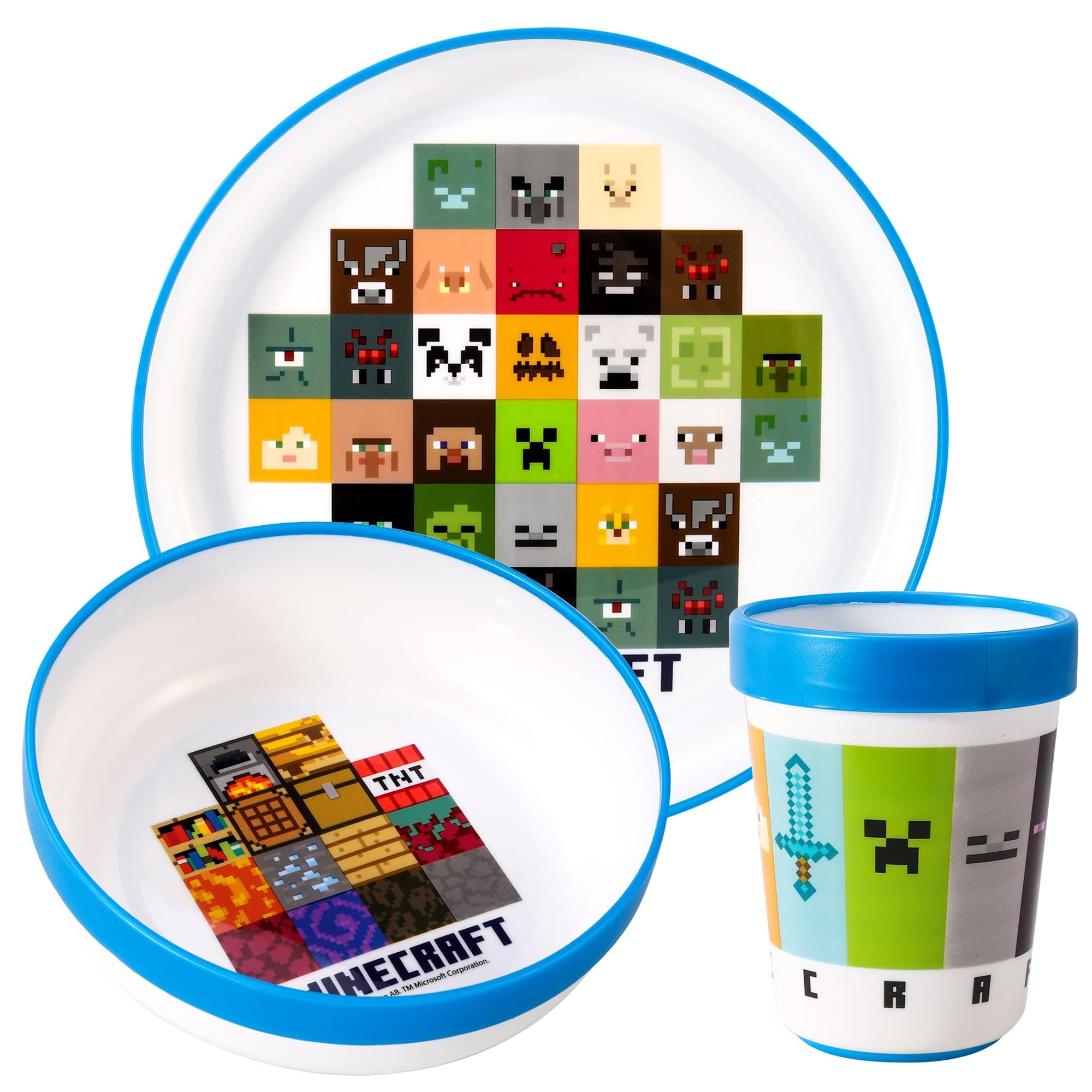 Zawadi Global Minecraft 3pcs Reusable Bicolor Premium Kids Dinner Tableware Set Plate, Bowl & Tumbler, BPA Free