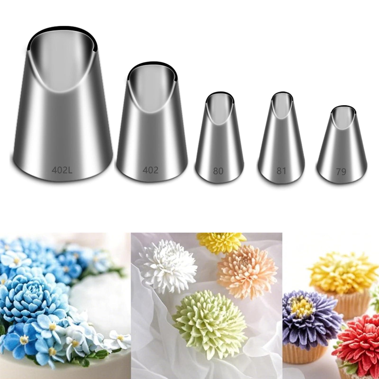 Suuker 5 Pieces Rose Flower Piping Tips Set,Stainless Steel Cake Decorating Tips, Frosting Icing Tips for Cupcakes, Cake, Cookie and Decorating（402L 402 79 80 81）