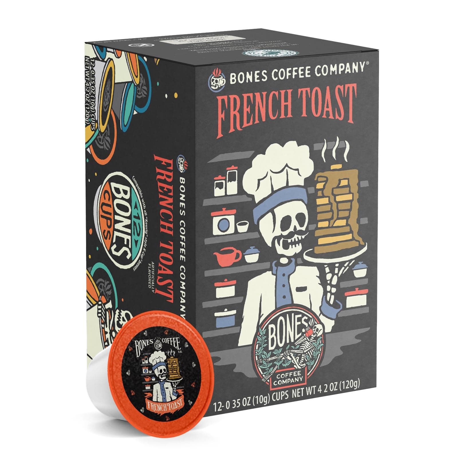 Flavored Coffee Bones Cups French Toast | 12ct Single-Serve Coffee Pods Compatible With 1.0 & 2.0 Keurig Coffee Maker | Sweet Buttery Flavor Aroma