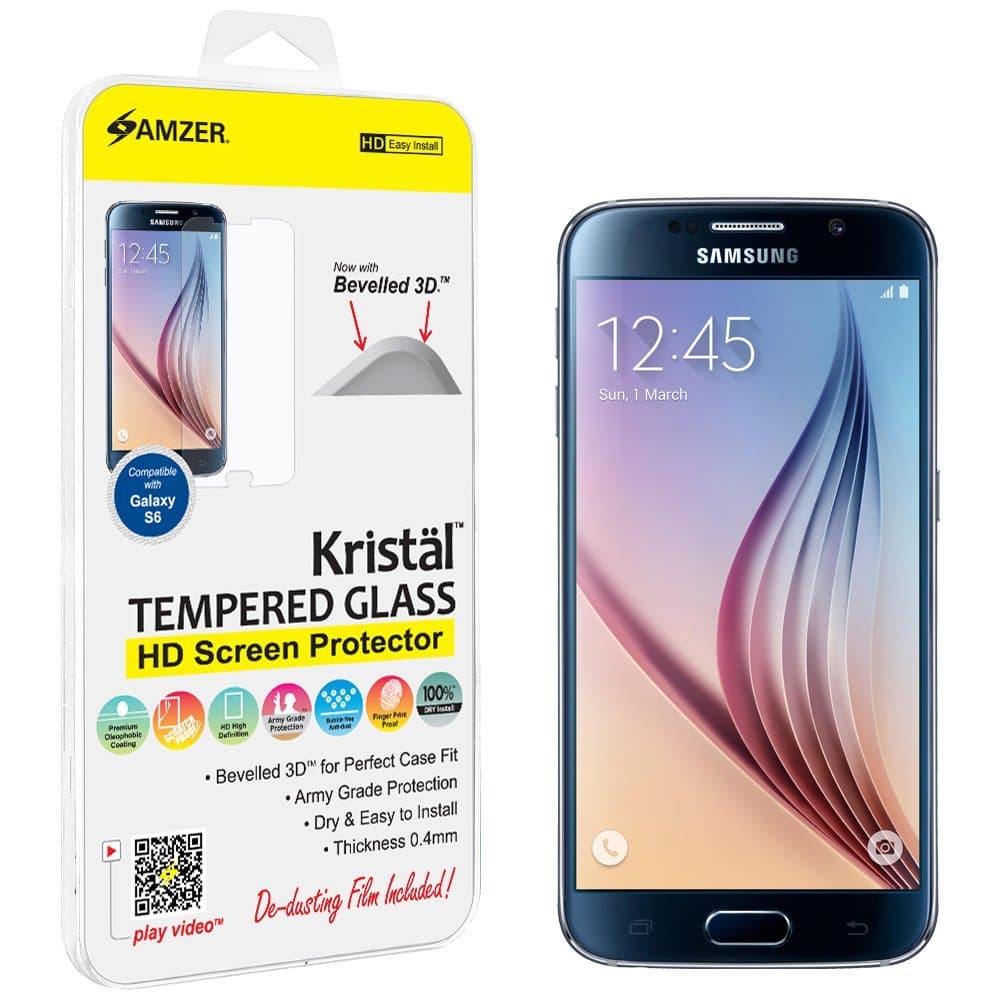 Amzer Kristal Tempered Glass Ultra Clear HD Screen Protector for Samsung Galaxy S6 SM-G920 - Retail Packaging - Hd Tempered Glass