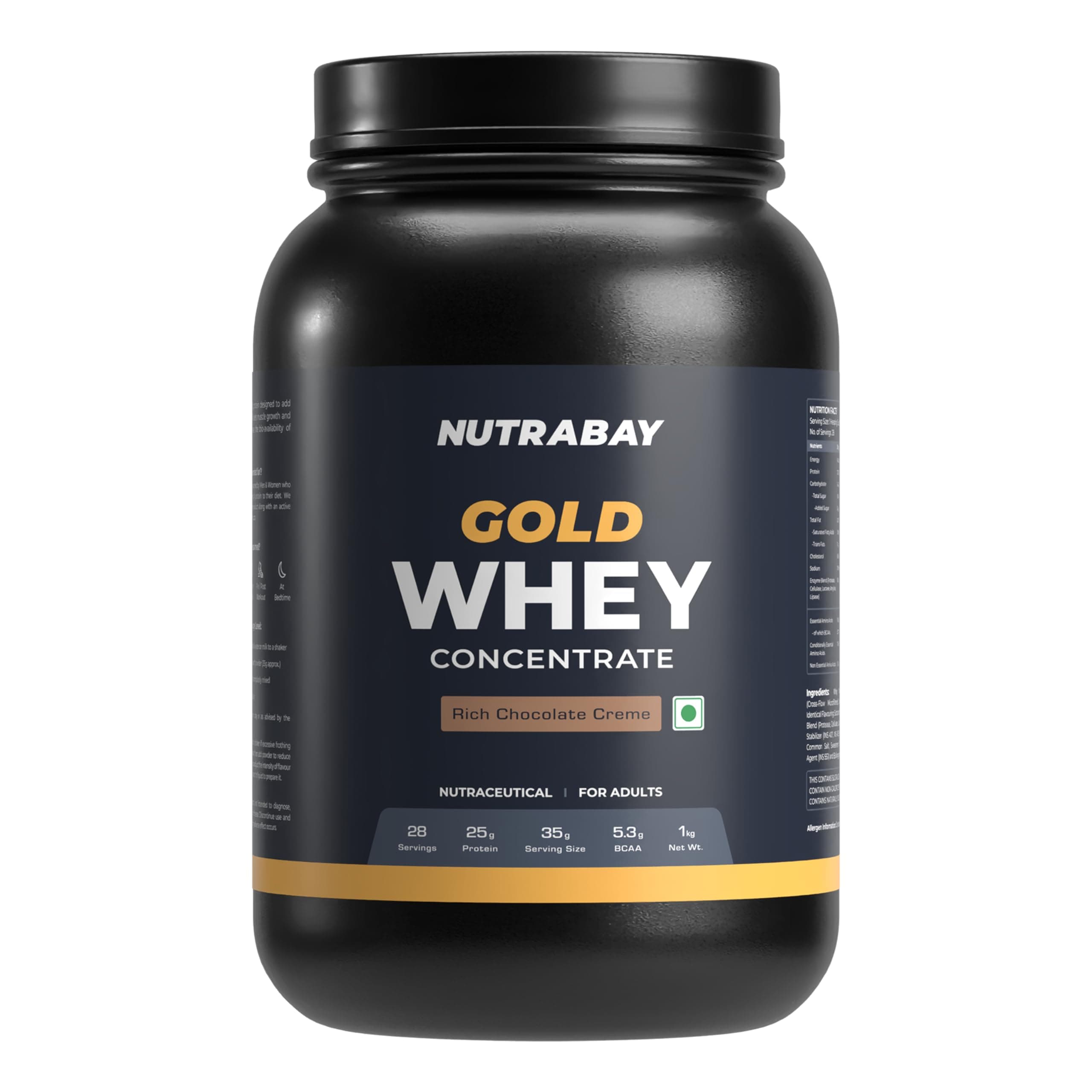 Gold 100% Whey Protein Concentrate with Digestive Enzymes - 25g Protein, 5.3g BCAA, 3.9g Glutamic Acid - 1Kg, Rich Chocolate Crème