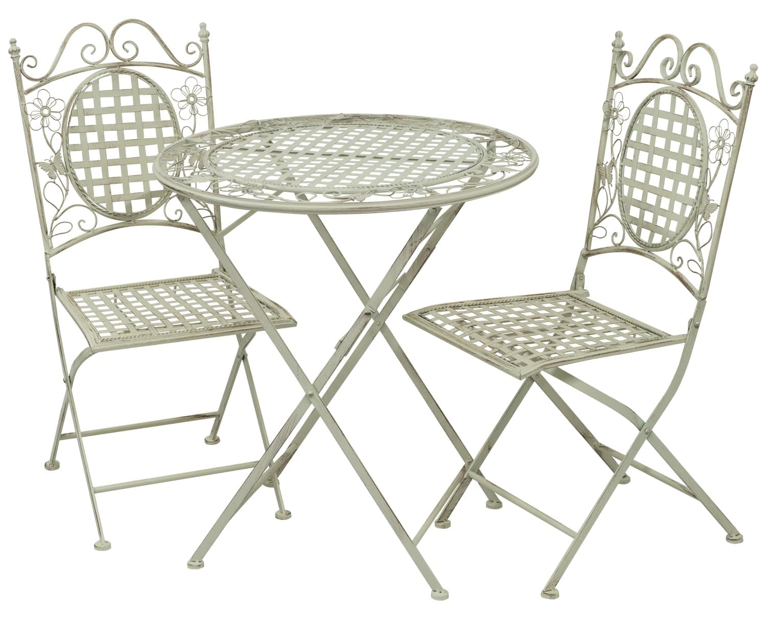 Maribelle White Round Metal Floral Designed Folding Outdoor Garden Patio Dining Table And Two Square Chairs