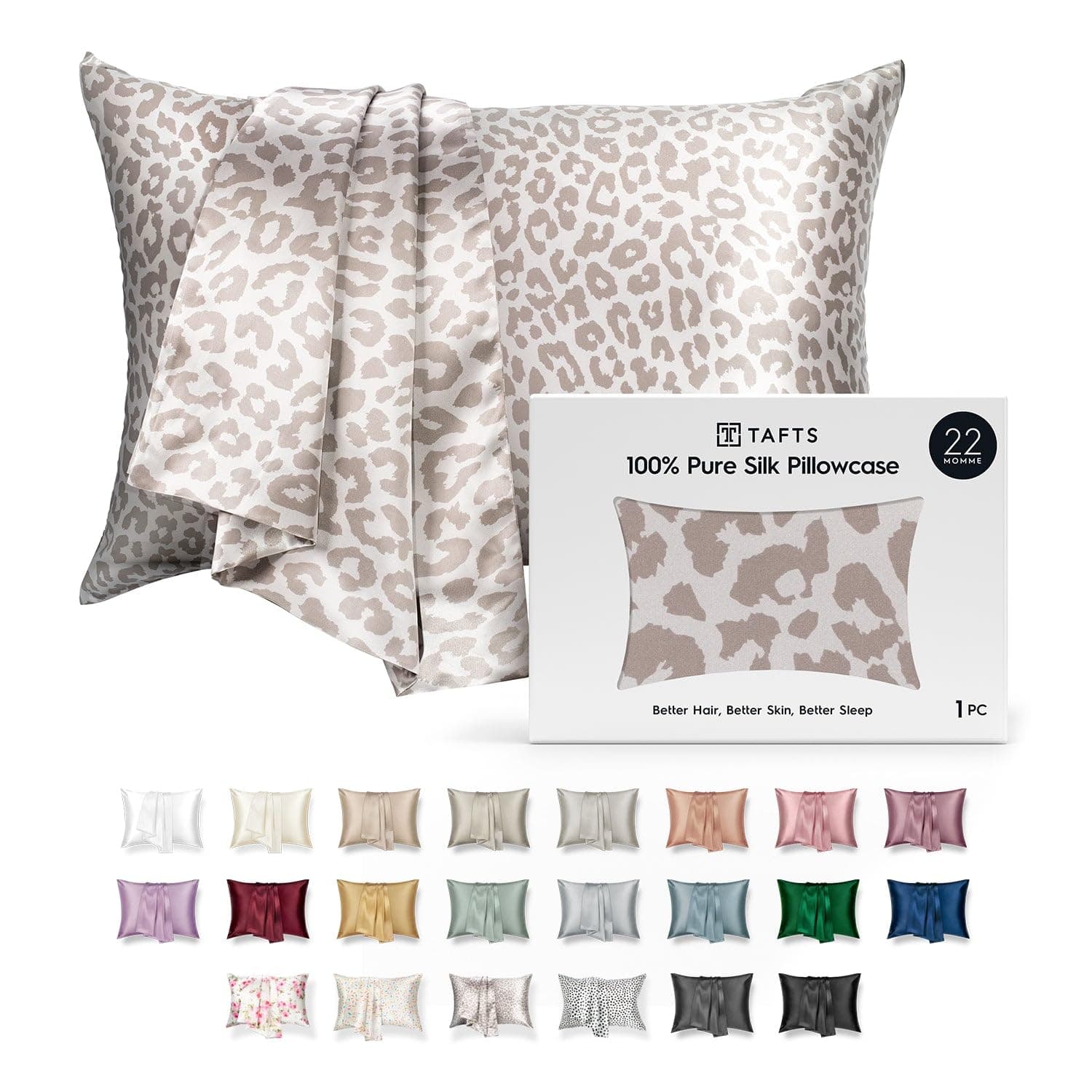 TAFTS 22mm 100% Pure Mulberry 6A Silk Pillowcase for Hair & Skin with Envelope Closure, Cooling, Natural, Organic, Double Sided Silk Pillow Case (Leopard, Standard Size, 20"x26")
