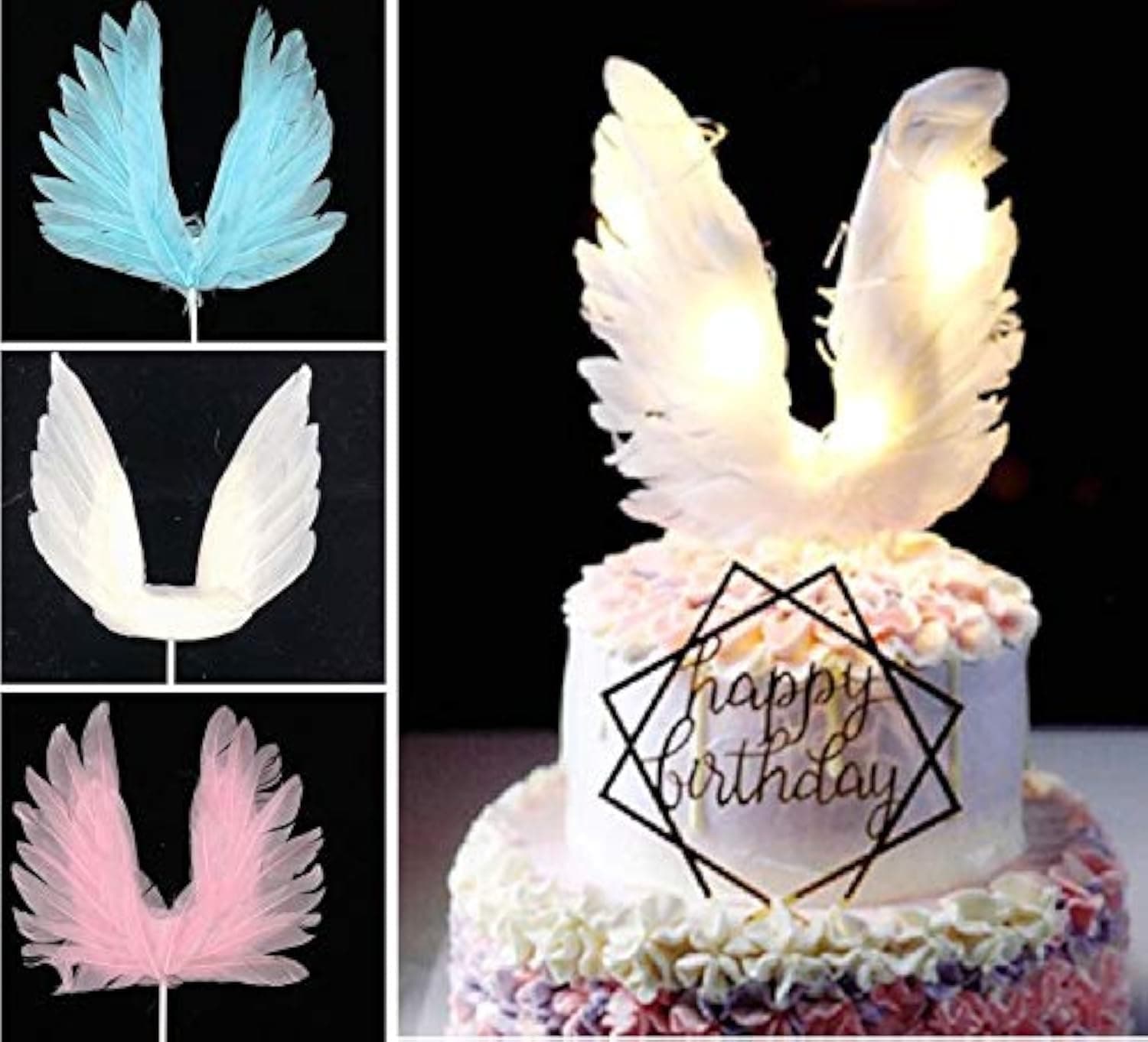 BlueSunshine Angel Wing Cake Topper Decoration With Light For Anniversary Birthday Party Wedding Shower Birthday Party Favors (White)