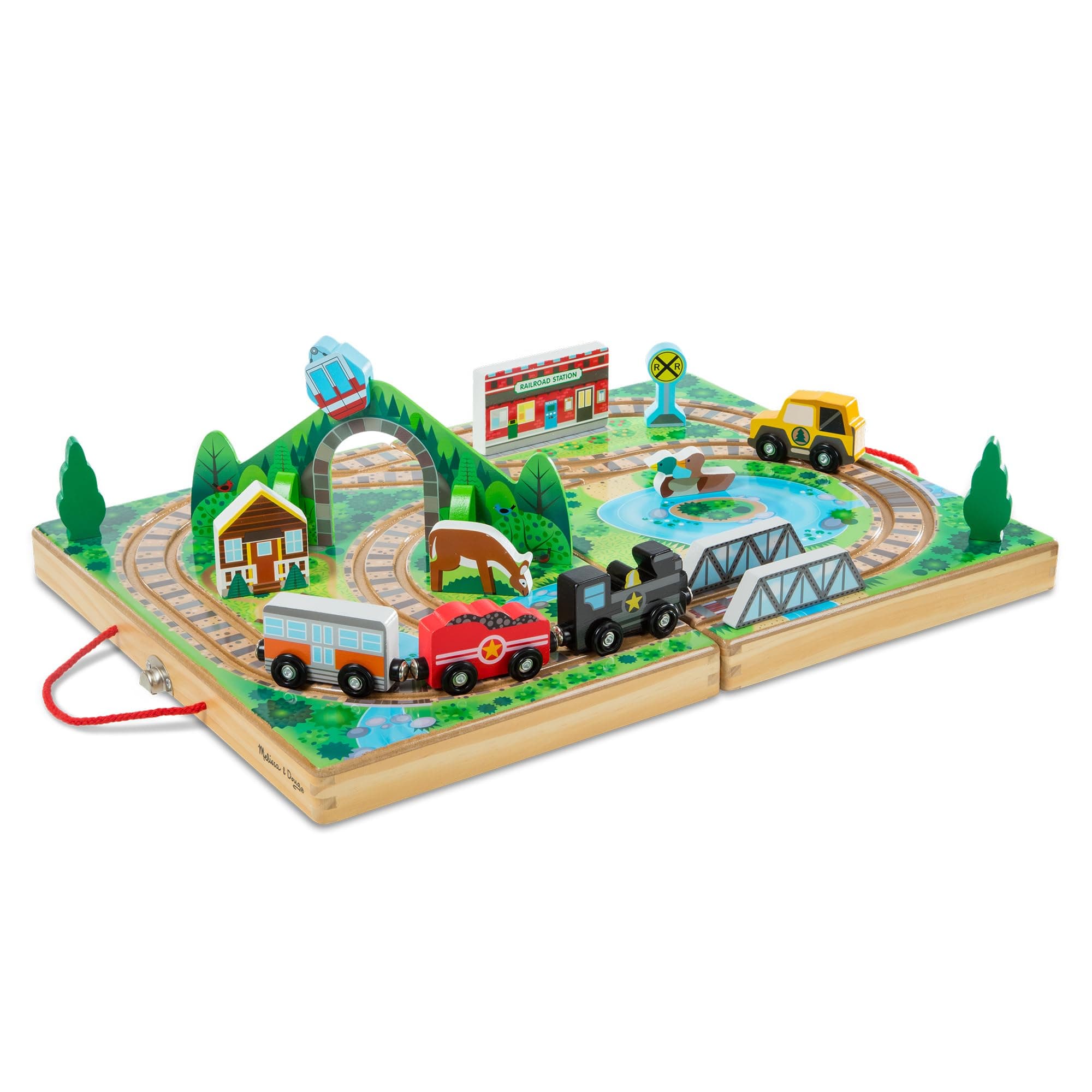 Melissa & Doug Take-Along Railroad – 17-Piece Wooden Train Set with Built-In Play Surface & Storage Case – Educational Fine Motor Skills, Imaginative Play & Travel Toy for Kids Ages 3+ | MD30140