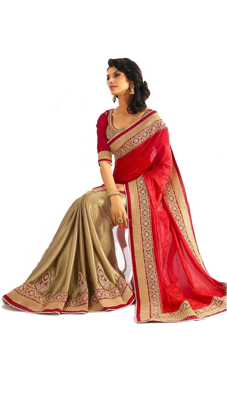 Rewa Enterprises Women's Georgette Fancy Saree Free Size Red