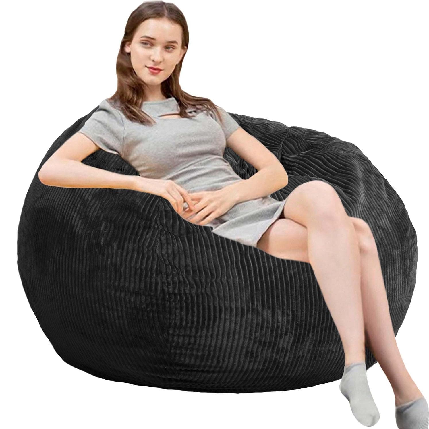 Bean Bag Chair 3Ft Luxurious Faux Rabbit Fur Memory Foam Bean Bag Chairs for Adults/Teens with Filling,Ultra Soft Faux Fur Fabric, Round Fluffy Sofa for Living Room Bedroom College Dorm (Black)