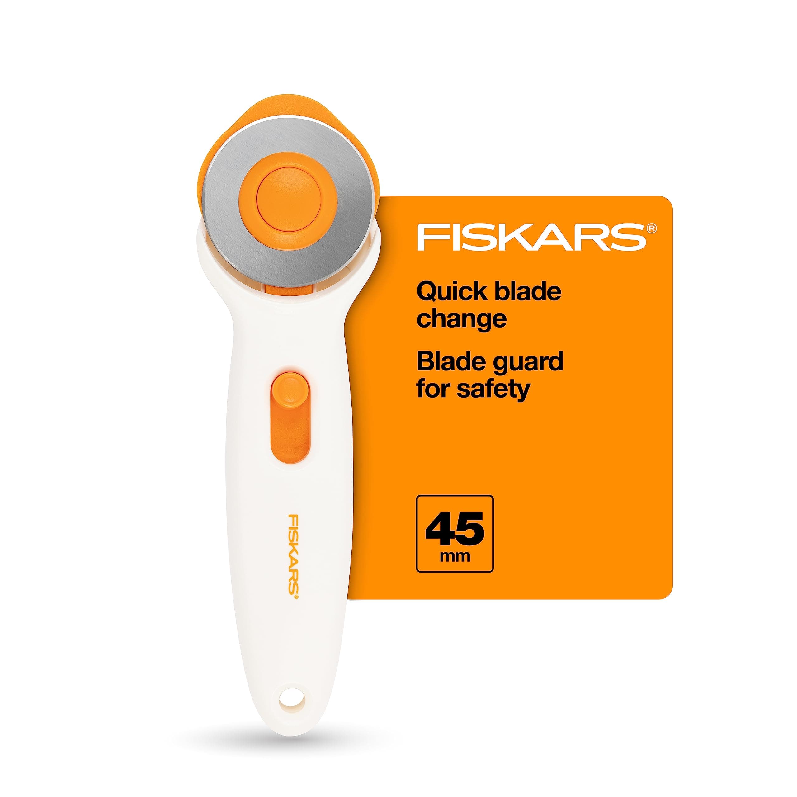 Fiskars 45mm Rotary Cutter for Dough, Premium Steel Stick Fabric Cutter for Cutting Multiple Layers for Right and Left Handed Easy and Safe Blade Replacement, Arts and Crafts, Sewing and Quilting