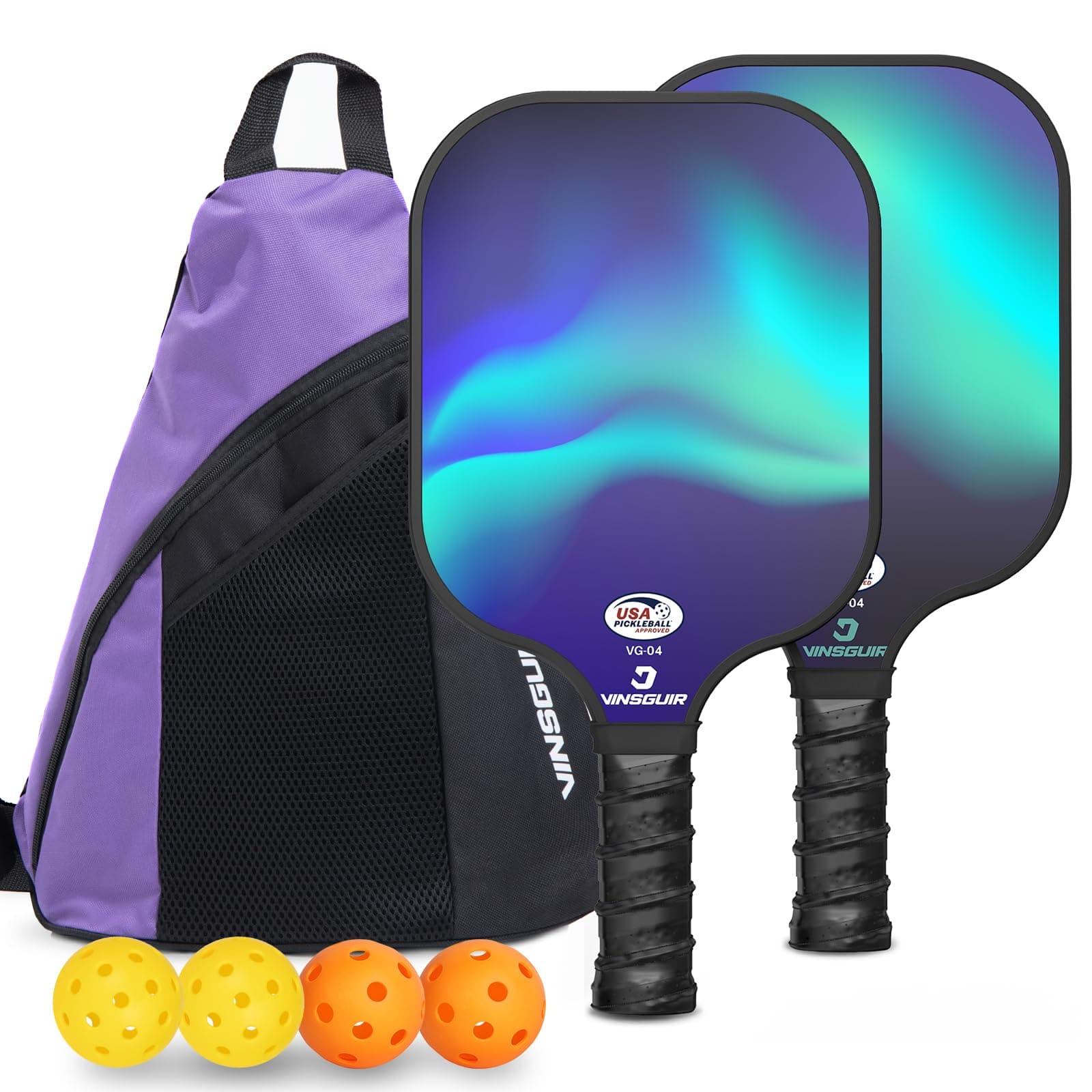 Pickleball Paddle Set USAPA Approved Fiberglass Pickleball Set of 2, 2 Paddles & 2 Pickleballs, Lightweight Carrying Bag, Pickle Ball Paddle Gifts for Beginners & Pros, Aurora Blue