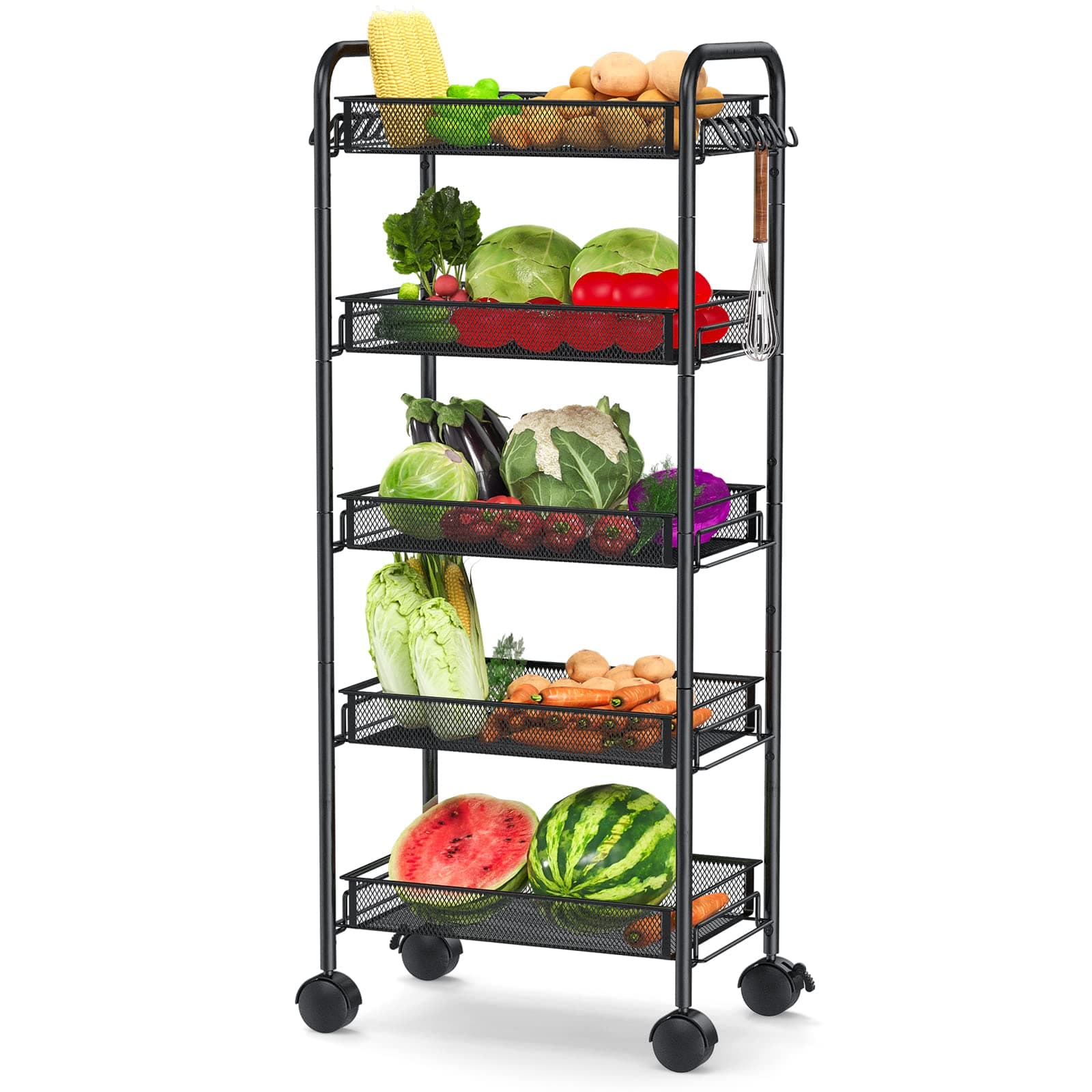 HomeHom 5-Tier Rolling Utility Cart, Black, Easy to Assemble, 22lbs Weight Capacity