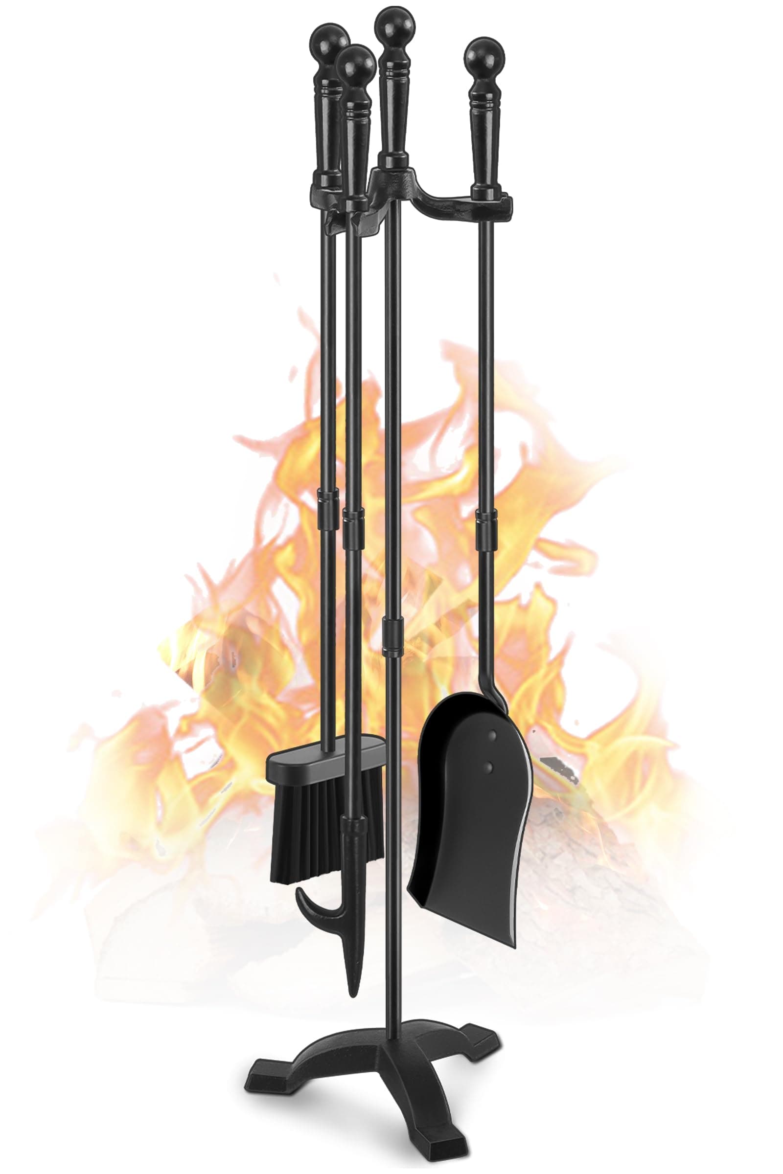 Gtongoko Fireplace Tools Set 4 Pcs 30 Inch Black Wrought Iron Large Fire Tool Set for Outdoor/Indoor Include Chimney Poker, Antique Shovel, Rustic Brush and Stand Accessories Set
