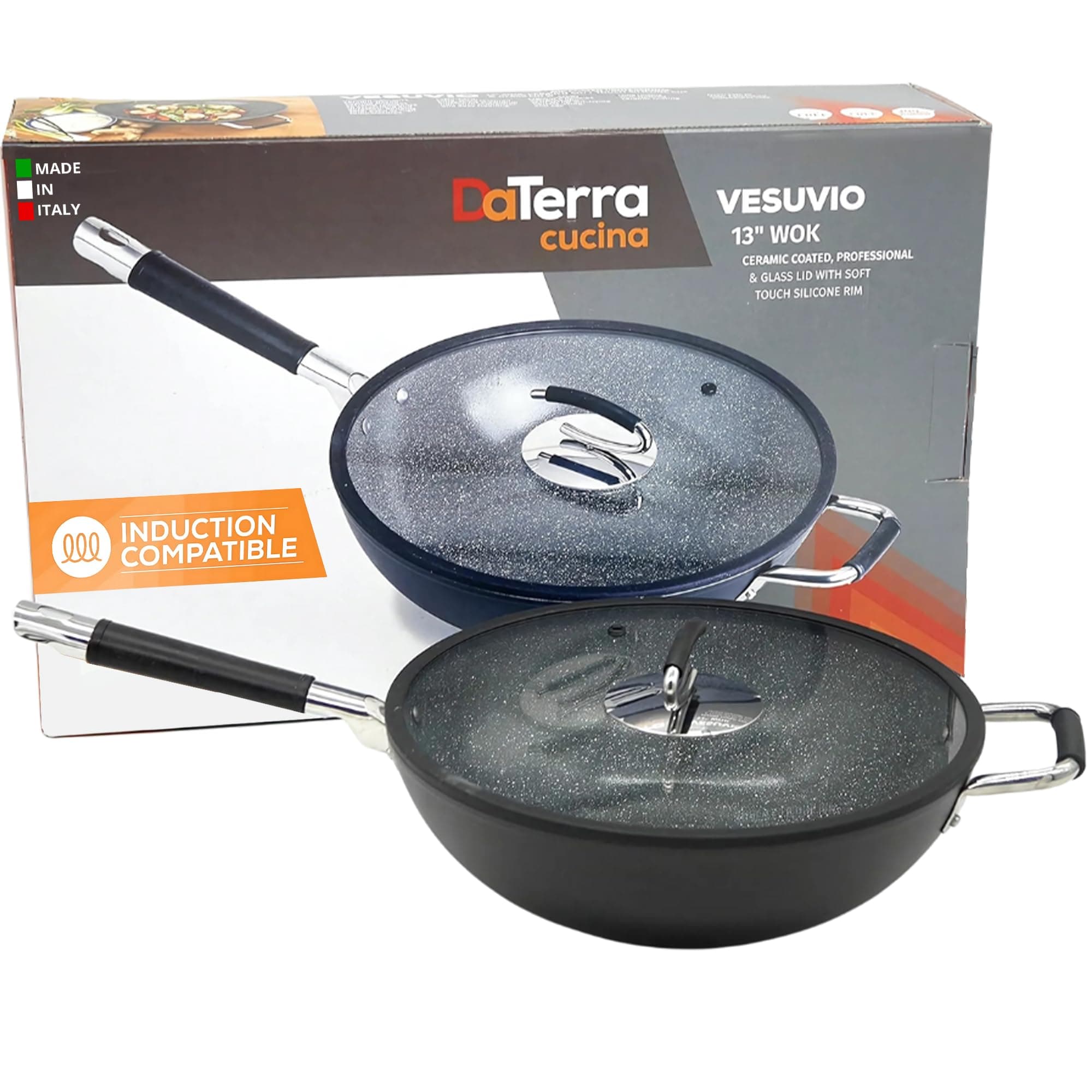- DaTerra Cucina - 13" Nonstick Ceramic Wok with Lid - Made in Italy - High Heat Resistant Nonstick Cookware - Oven & Induction Safe, PTFE, Cadmium, Lead & PFOA free - Volcanic Black Speckled