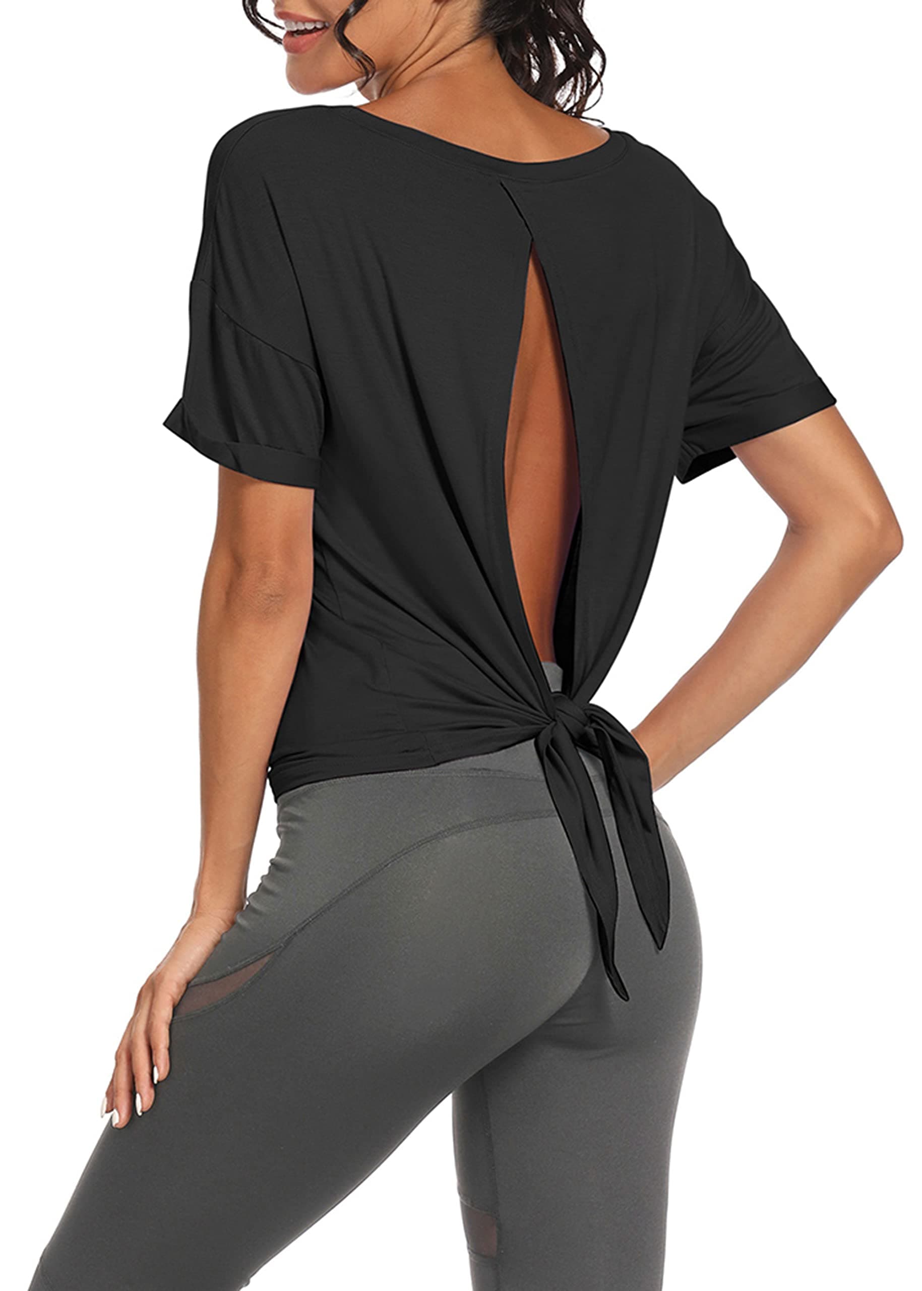 Workout Tank Tops Open Back Yoga Exercise Shirts Tie Back Athletic Clothes for Women