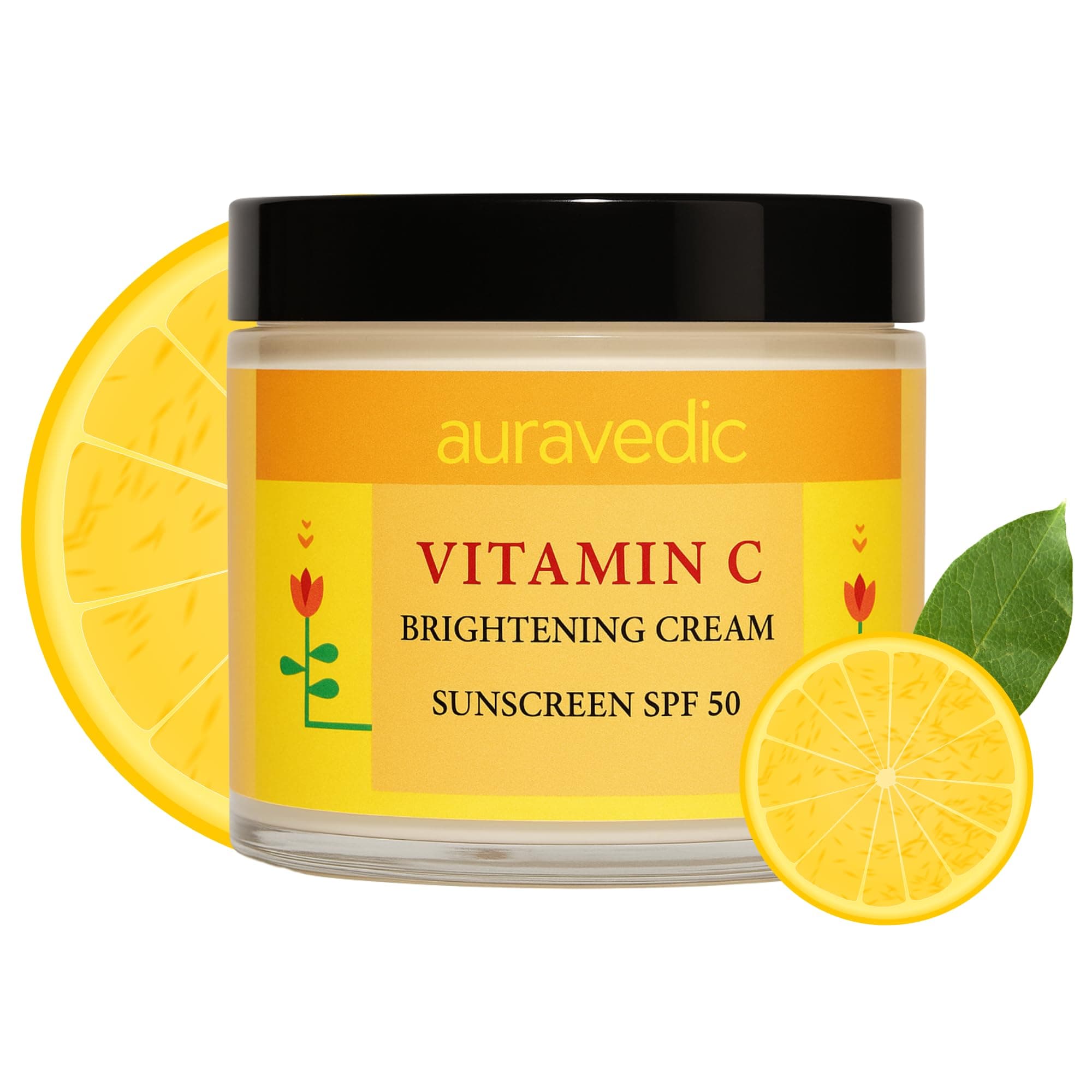 Auravedic Vitamin C Face Cream with SPF 50 for Glowing Skin | Reduces Sun Damage & Revives Dull Skin | Organic Hydration | Argan & Avocado Oil Infused Sunscreen Moisturizer | 3.53 Oz (100g)
