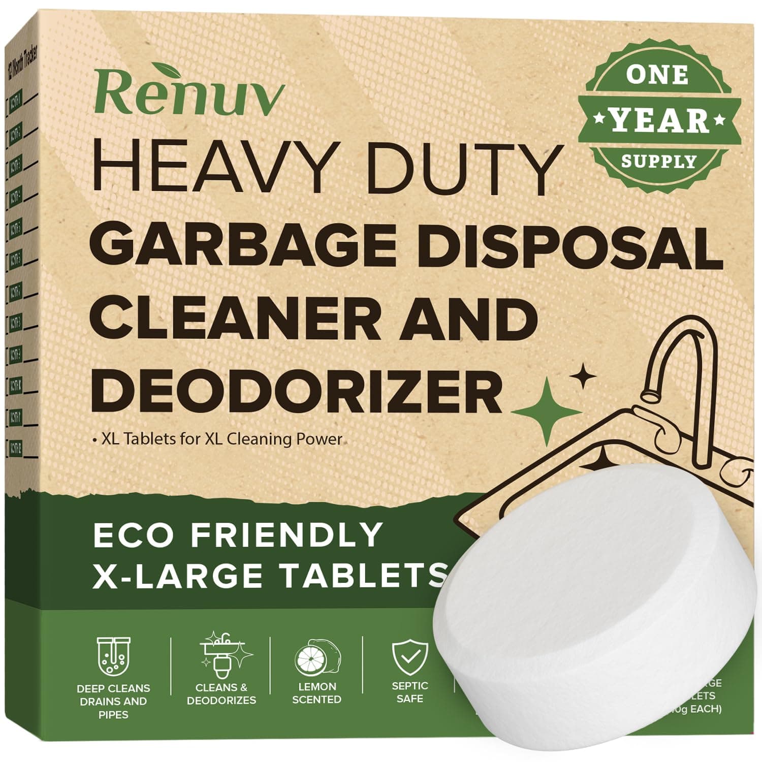 - Renuv® Garbage Disposal Cleaner and Deodorizer Tablets Drain Freshener, Foaming Citrus Scent, Sink Odor Refresher for Kitchen Garbage Disposer Cleaning (12 XL Tablets - One Year Supply)