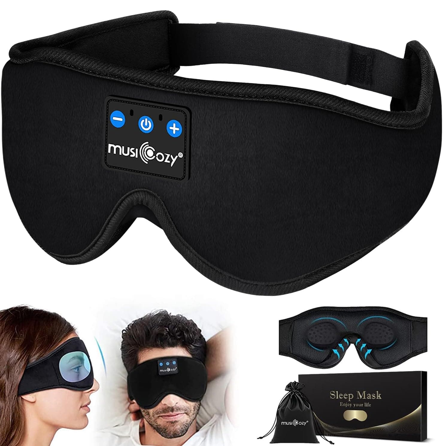 MUSICOZY Sleep Headphones, 3D Sleep Mask Bluetooth 5.2 Wireless Sleeping Headphones Earbuds Built-in HD Ultra Soft Thin Speakers Microphones for Men Women Cool Gadget Unique Gifts