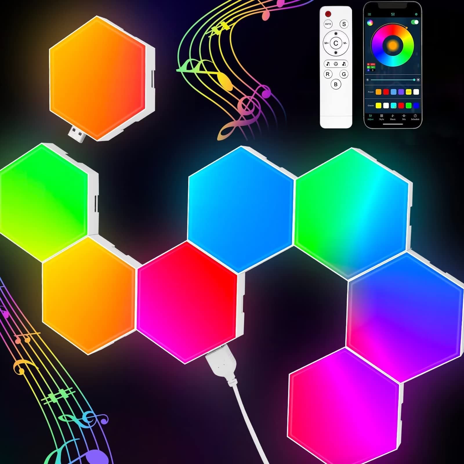 TISOFU Hexagon Lights (8 Pack) LED Wall Panels, RGB Gaming Lights with APP, Smart Modular Panel Hex Tiles Push Glide Expansion Shapes Light