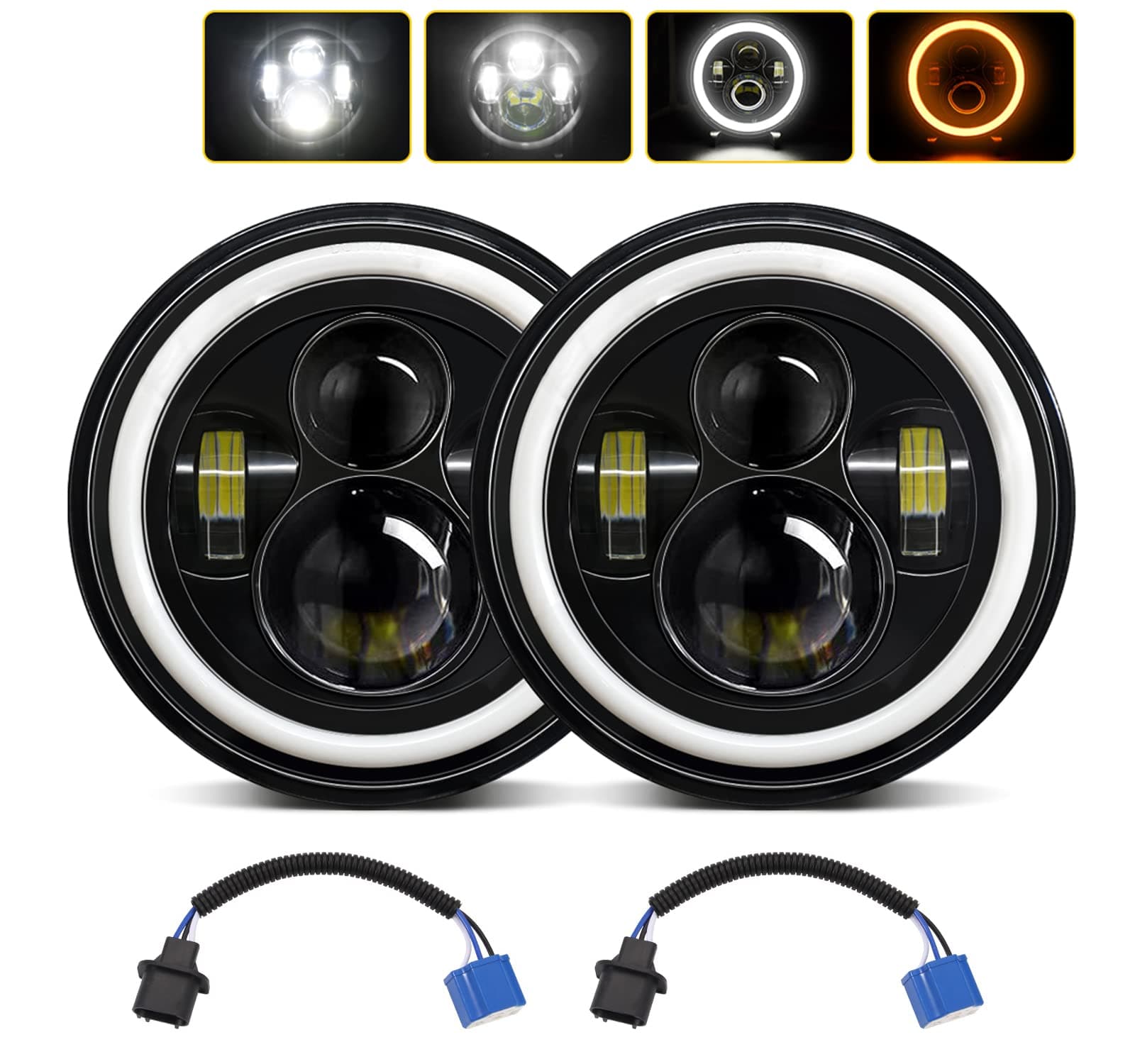 7inch Led Headlights Halo - Round Headlight with DRL High/Low Beam - LED Headlamp Offroad Light Angle Eyes Compatible with Jeep Wrangler JK (BLACK)
