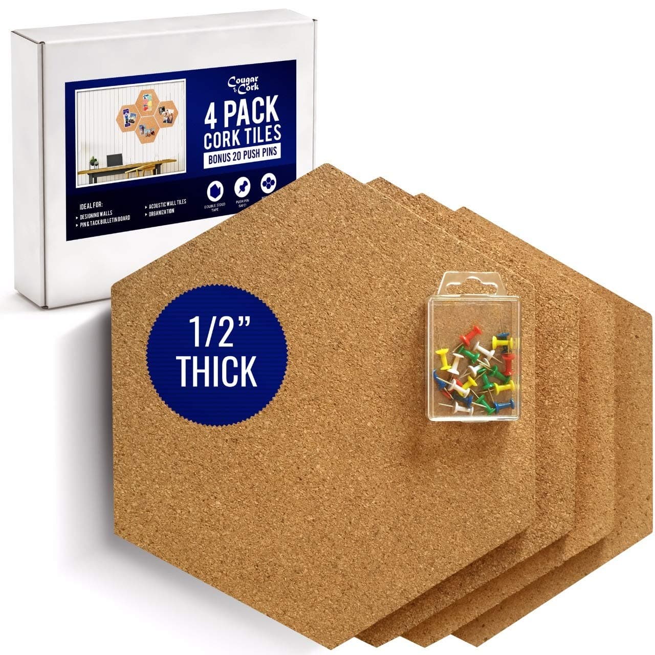 Hexagon Wall Tiles - 4 Pack with Extra Push Pins Included | 11.8" x 10.2" | 1/2" Thick Cork Boards with Ultra Strong Self Adhesive Backing | Premium Natural Cork for Bulletin Board