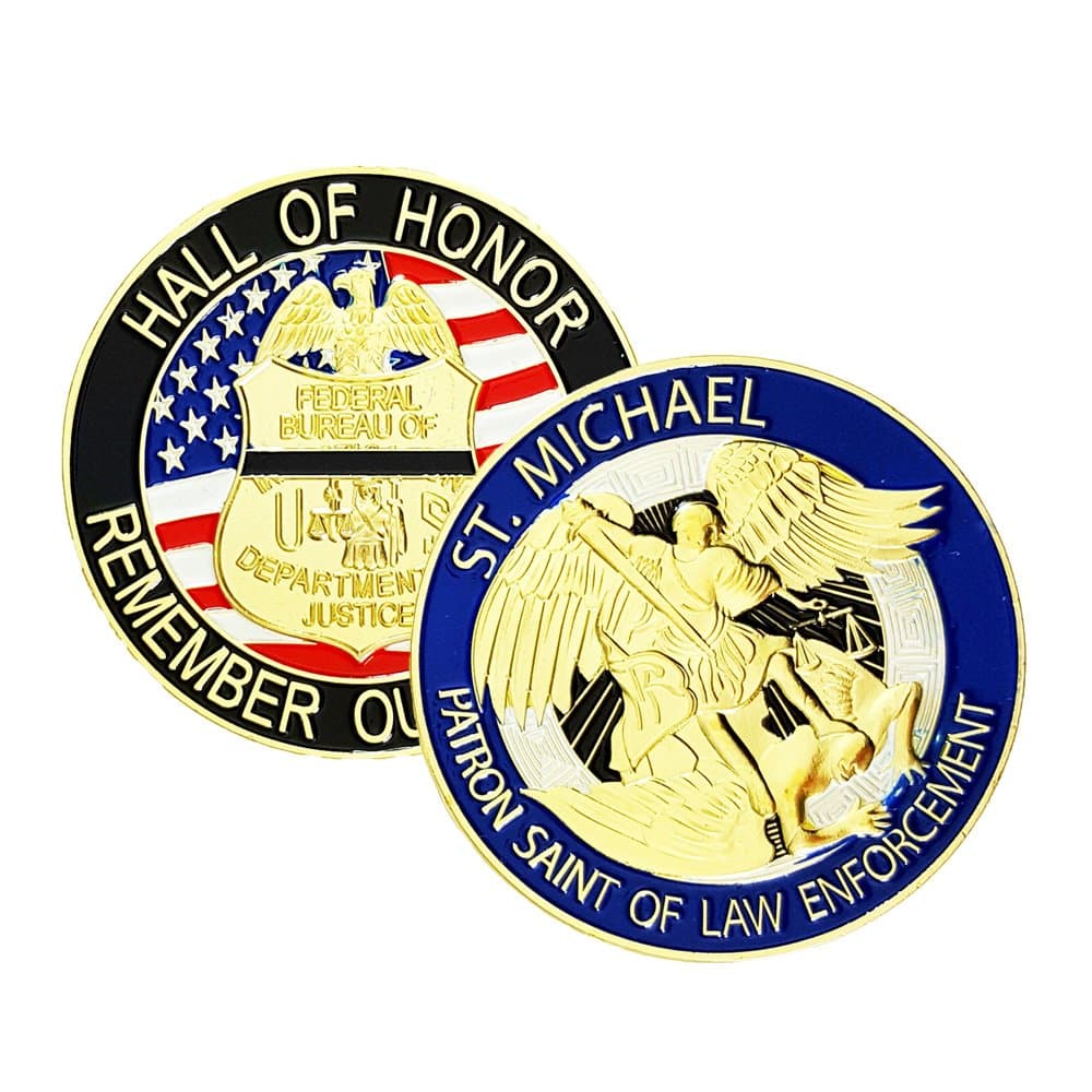 AIIZ Collectibles FBI Challenge Coin, St Michael Patron Saint of Law Enforcement Hall of Honor, Remember The Fallen Police, Dept of Justice Challenge Coin