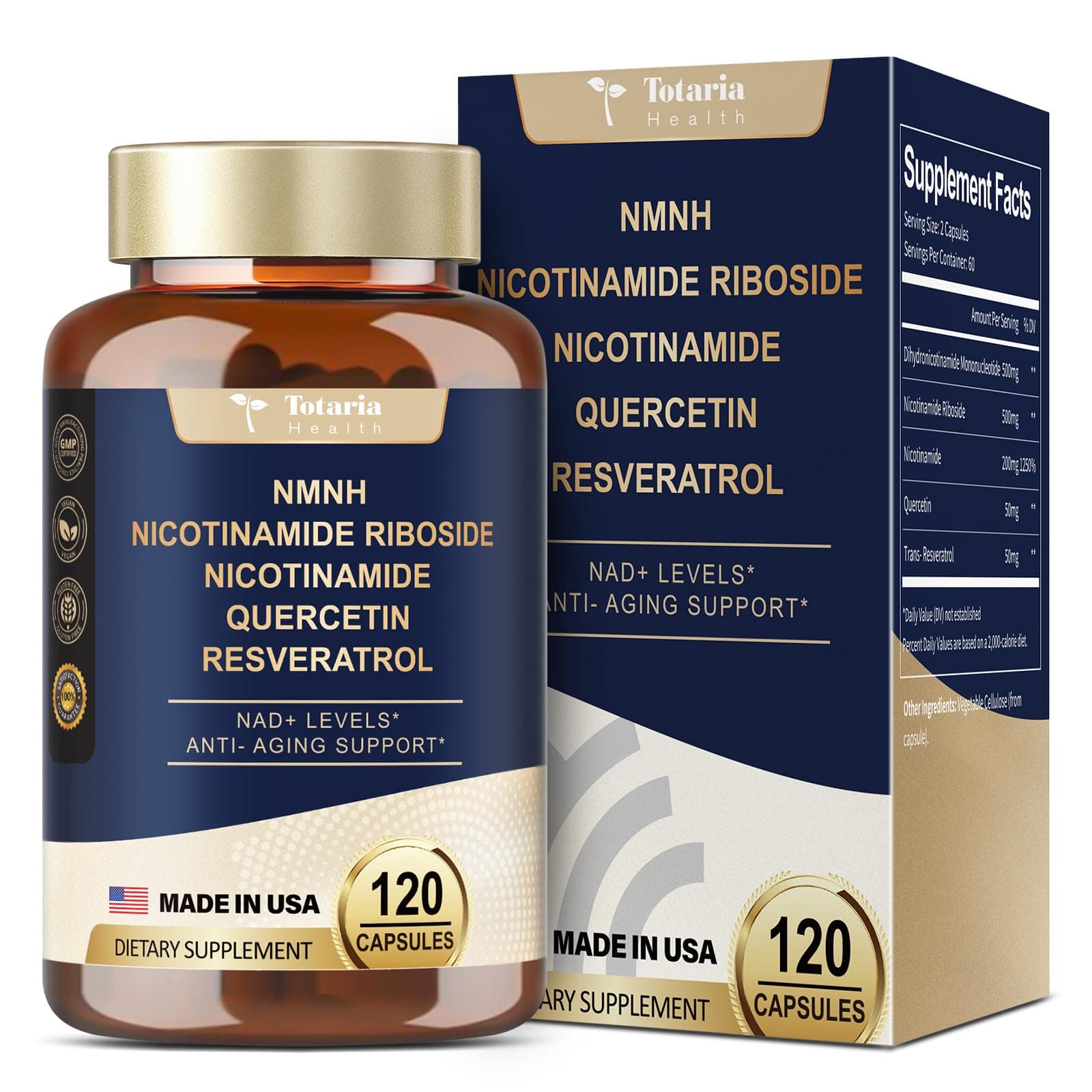 Totaria NMNH (Dihydronicotinamide Mononucleotide), NMNH Supplement w/Niacinamide (Vitamin B3), Quercetin, Trans-Resveratrol, Support NAD+, Skin Cell Health*, Anti-Aging & Energy, 120 Caps