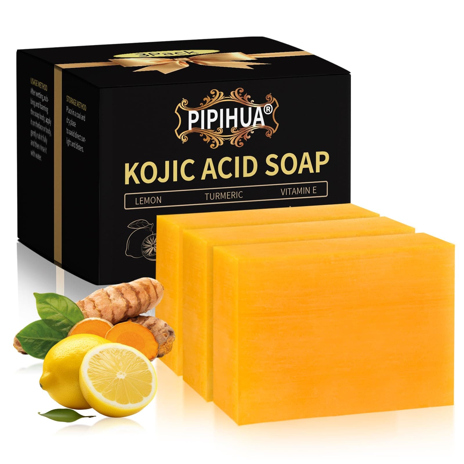 PIPIHUA Lemon Turmeric Kojic Acid Soap: Soap for Skin Combines Lemon & Turmeric & Kojic acid & Collagen & Vitamin C & Glutathione(3 Pack)