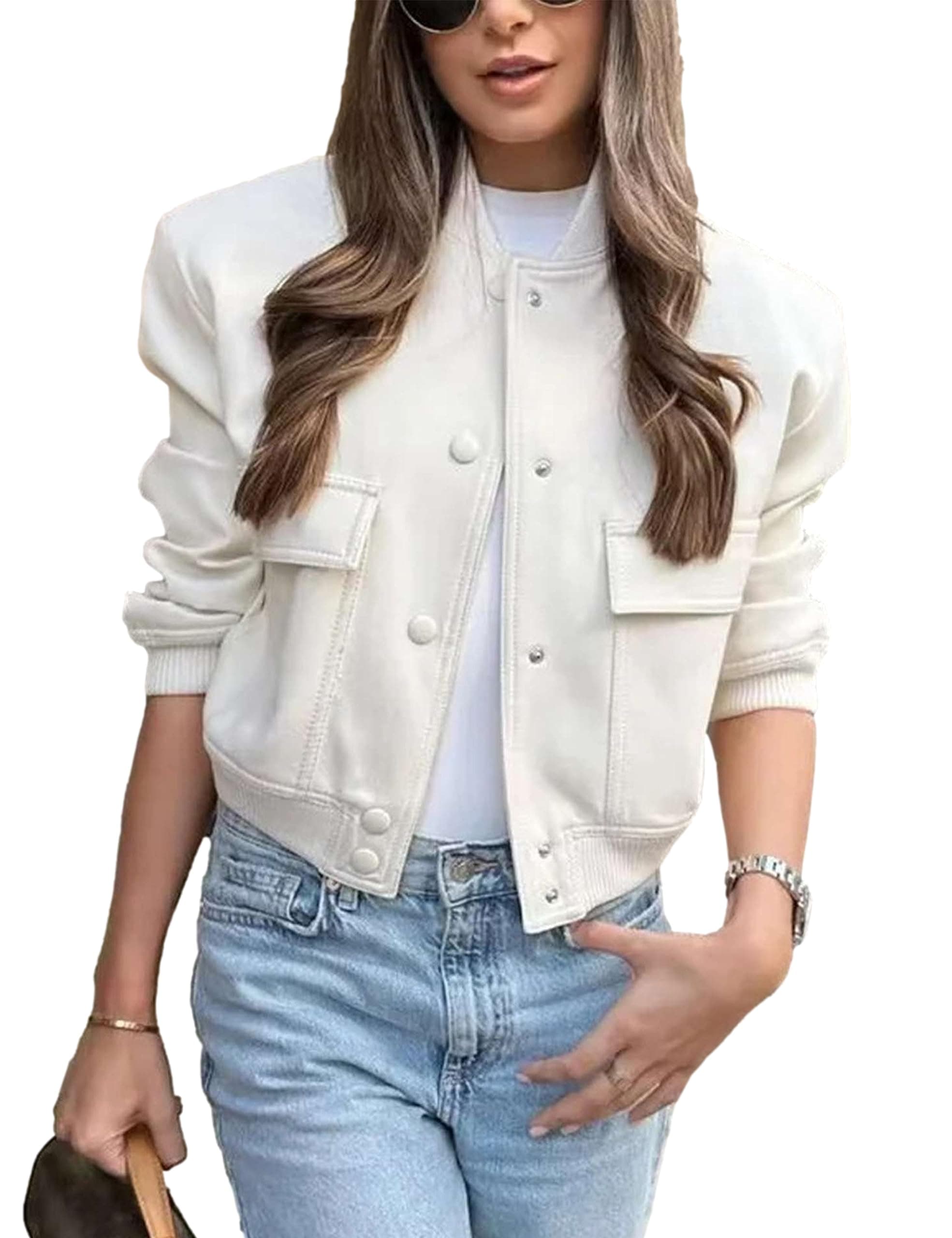 Womens Cropped Bomber Jacket Button Down Varsity Jackets Shackets with Pockets