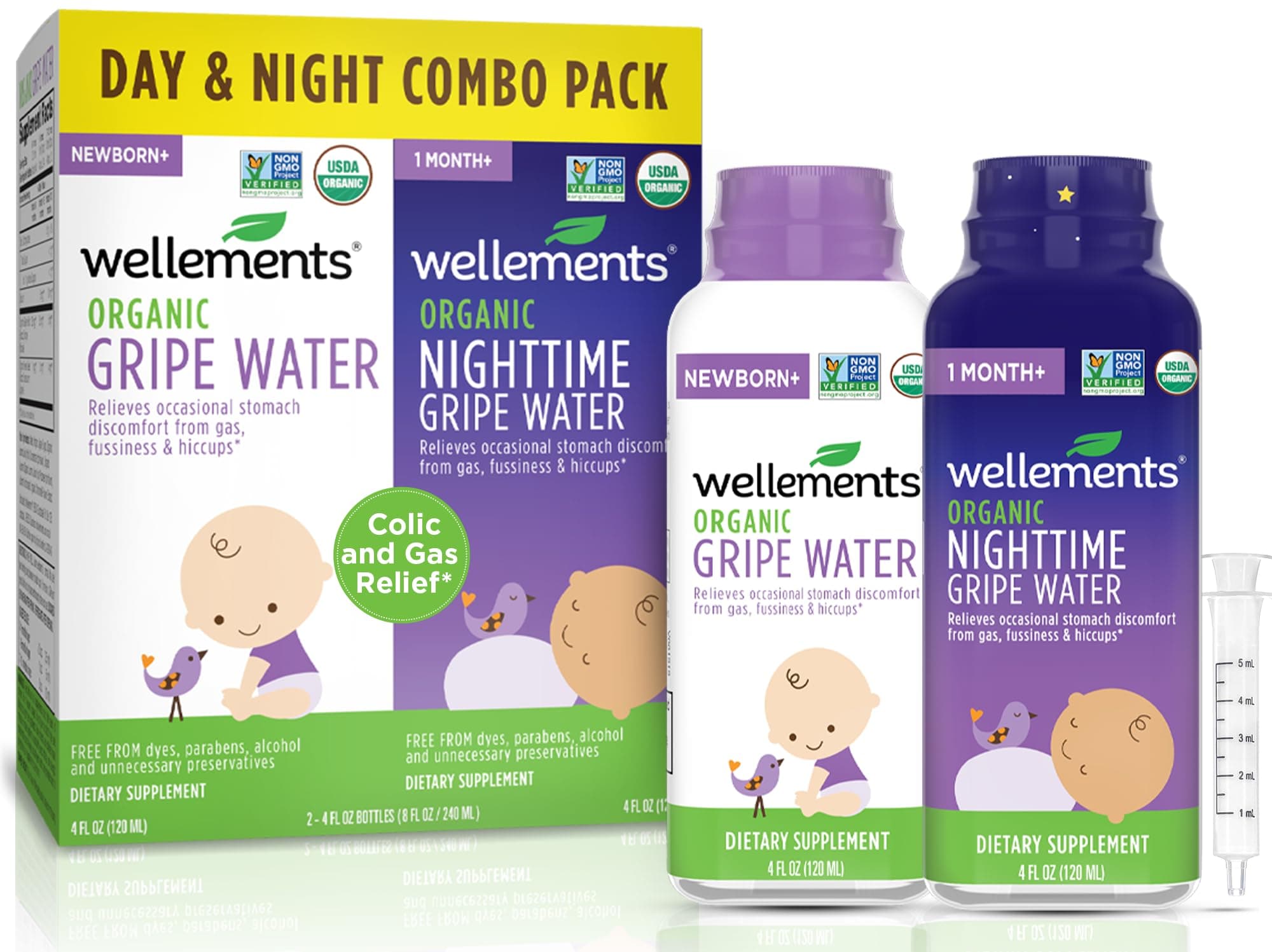 Wellements Organic Gripe Water for Babies Day & Night Combo Pack (4 Fl Oz) - Infant Gripe Water Newborn Calms Occasional Stomach Discomfort from Baby Gas, Colic, Hiccups & Fussiness - USDA Certified