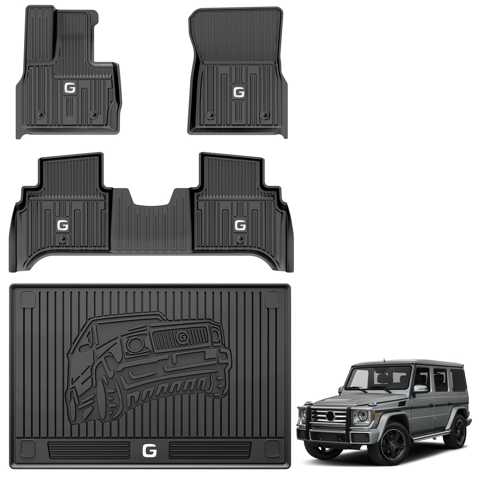 3W Floor Mats Cargo Liner Fit for 2019-2024 Mercedes-Benz G Class/G500/G550/AMG G63 SUV TPE All Weather Custom Fit Floor Liner and Car Mat fo 1st & 2nd Row with Trunk Mat Full Set Car Mats, Black