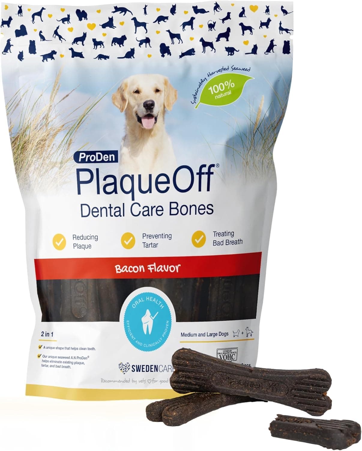 ProDen PlaqueOff System Dental Care Bones - Dog Teeth Cleaning Bones for Oral Hygiene -Medium/Large Canine Formula - Bacon Flavor -17 oz(Packaging May Vary)
