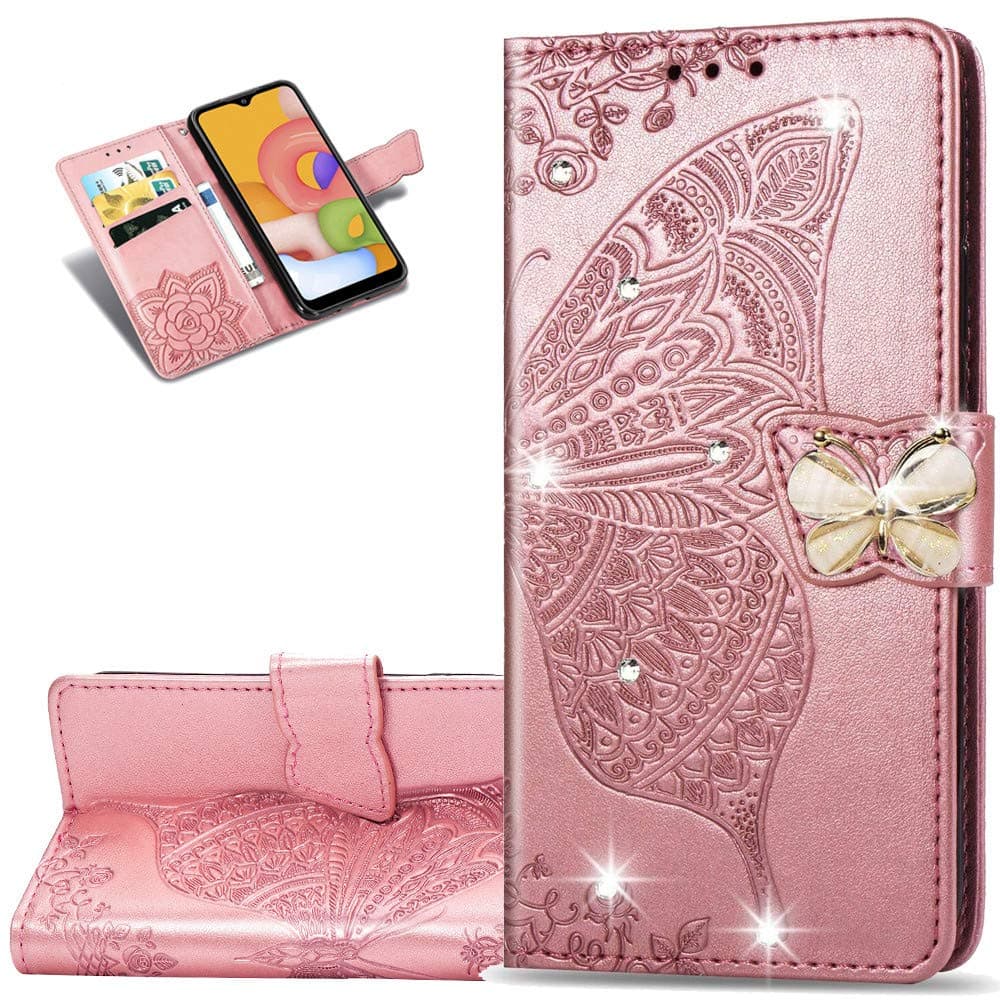 Samsung Galaxy Note 10 Plus Case Bling Diamond Butterfly Embossed Wallet Flip PU Leather Magnetic Card Slots with Stand Cover for Samsung Galaxy Note 10 Plus Diamond Butterfly Rose Gold SD