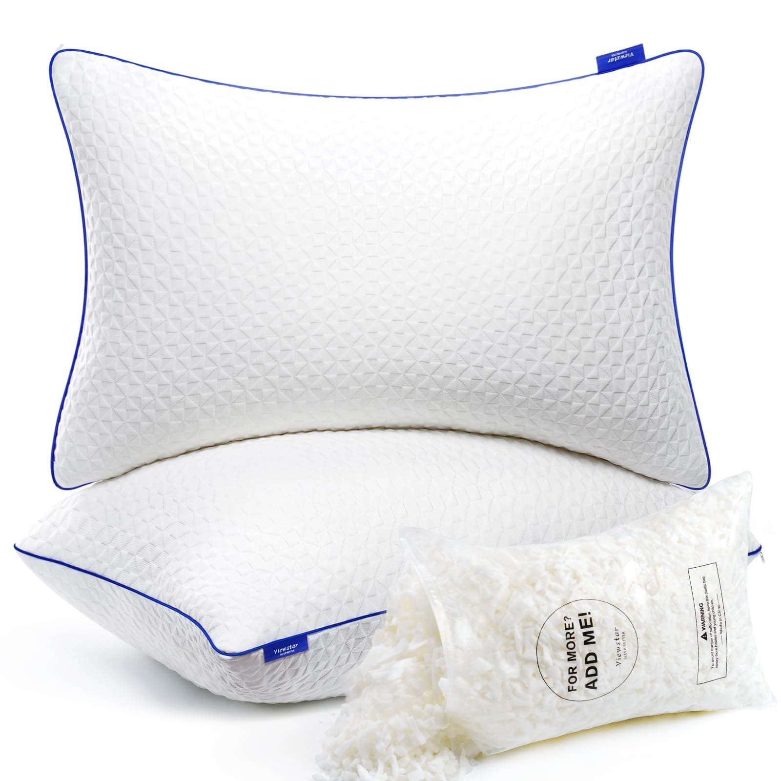 viewstar King Size Pillows Set of 2, Firm Shredded Memory Foam Pillows Adjustable for Side Back Stomach Sleepers, Washable Removable CoverOEKO-TEX STANDARD 100