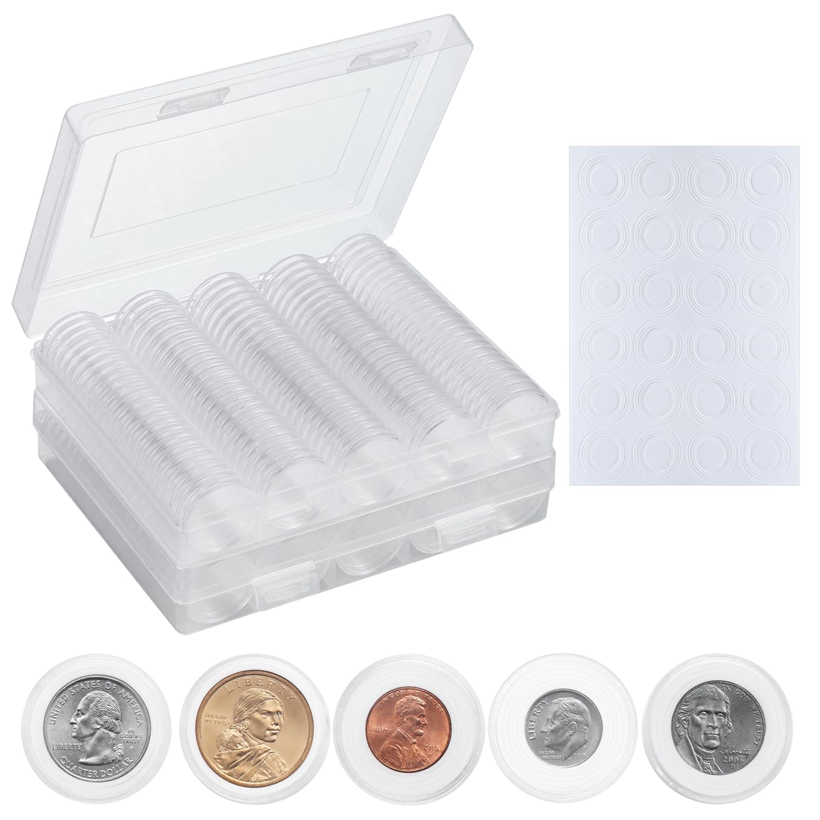 MUQING 240 PCS 30mm Plastic Coin Capsule Holder, 5 Sizes Protect Gasket Coin Case for Collectors, Round Coin Collecting Supplies with Storage Box