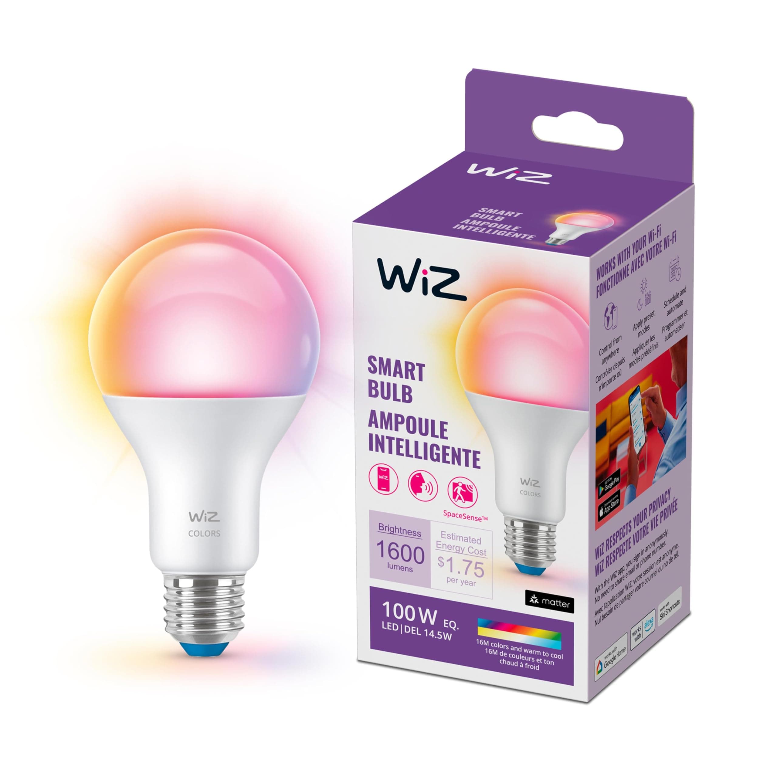 WiZ Connected 100W A21 LED Smart Light Bulbs - Connects to Your Wi-Fi - E26 Smart Bulb - Control with Voice or App + Activate with Motion - Matter Compatible - 1 Pack