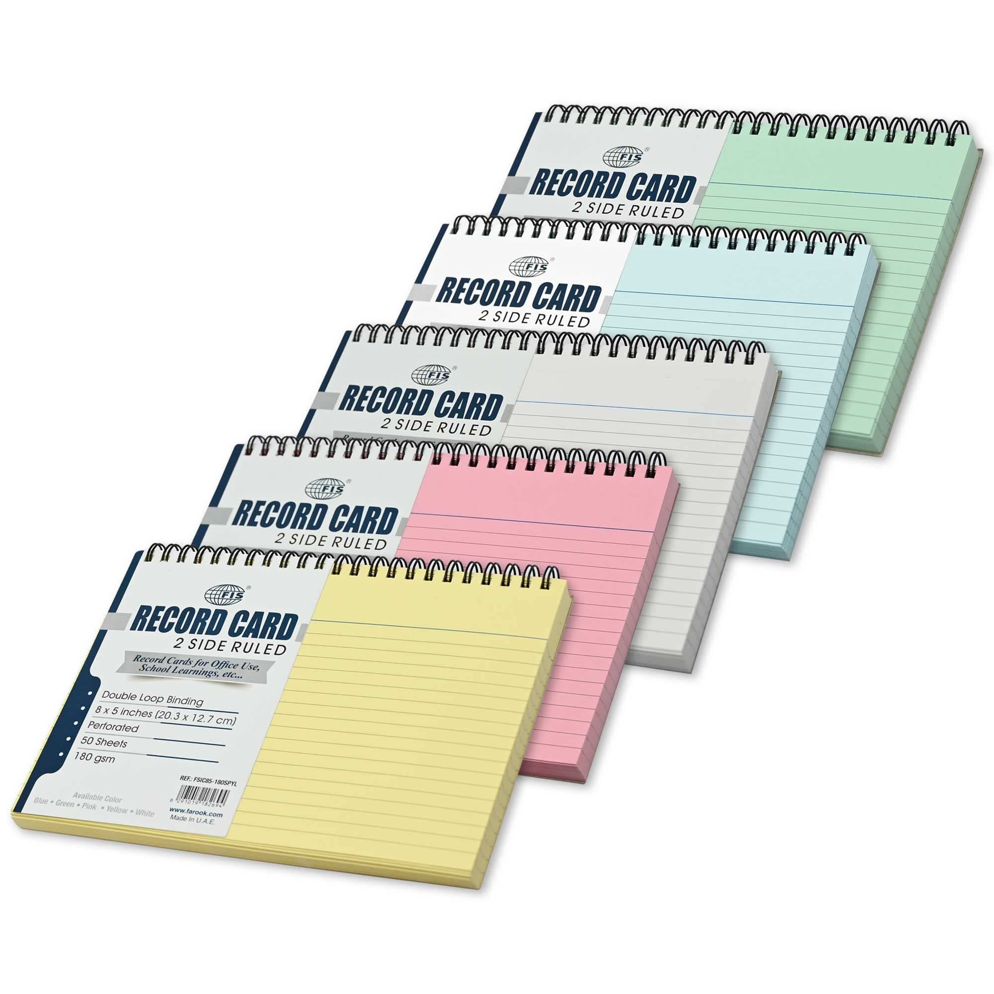 FIS® Ruled Record Cards Size:8"x5" Inches (203x127mm), Double Loop Spiral Binding, Two Sides Single Ruled, 180gsm, 50 Sheets Per Pad, 1 Pad, Packet of 5 Pieces, Assorted Colors-FSIC85-180SP5C