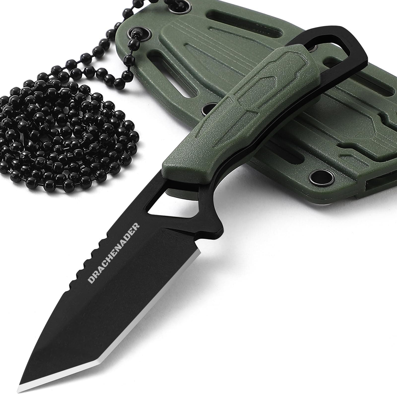 Neck Knife Small Tanto Fixed Blade Knife Full Tang Outdoor Tools (B-BLACK BLADE+ GREEN HANDLE)