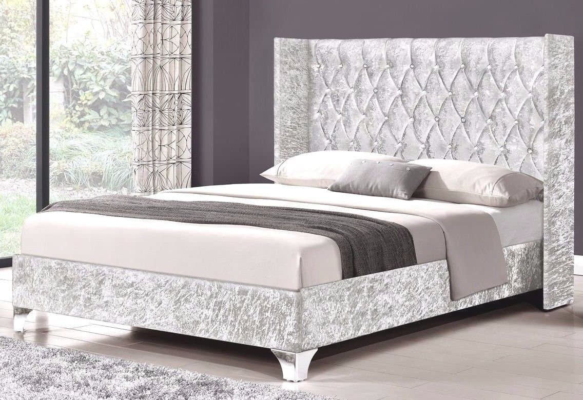 CHESTERFIELD BED SLEIGH STYLE CRUSHED VELVET DIAMANTE BED (Grey, 5ft King Size)