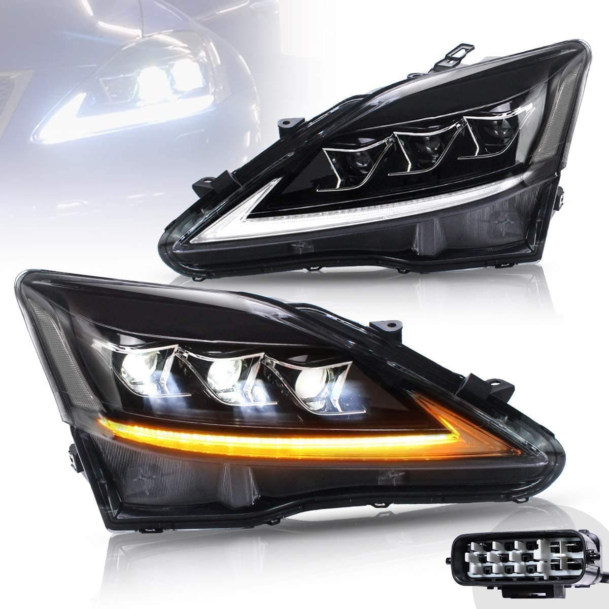 VLAND LED Headlights for IS220D IS250 IS350 ISF 2006 2007 2008 2009 2010 2011 2012 Front Lamp, Sequential Turn Signals, Full LED DRL Bars