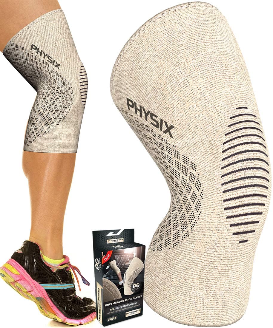Physix Gear Knee Support Brace - Premium Recovery & Compression Sleeve for Meniscus Tear, ACL, MCL Running & Arthritis - Best Neoprene Stabilizer Wrap for Crossfit, Squats & Workouts (Single Beige M)