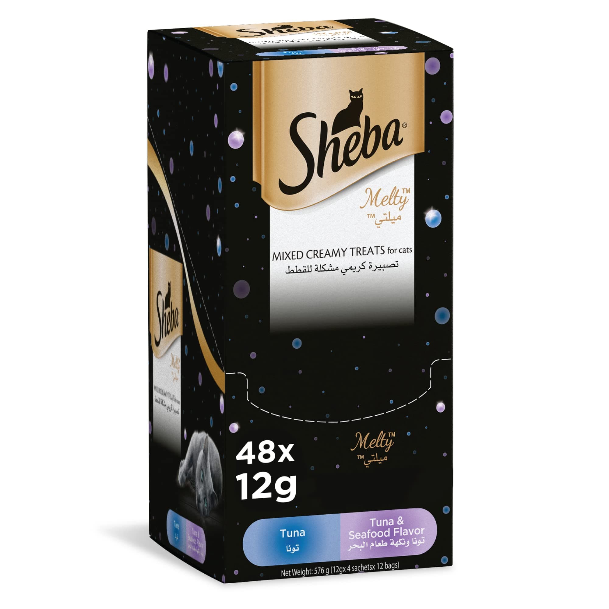Cat Food, Melty Mixed Creamy Treats Tuna & Tuna & Seafood Flavor, 2 Pouches Tuna, 2 Pouches Tuna & Seafood, Fed by Hand so Cats Can Find Relish with this Premium Wet Food Treat, Pack of 48x12g