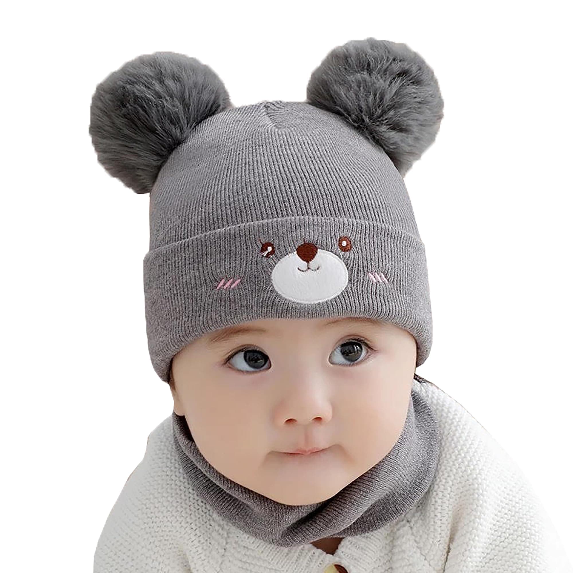 Baby's Woolen Skull Beanie Teddy Cap with Neck Warmer | Knit Woolen Hat Cap Neck Scarf Soft Wool Warm for Boys & Girs (Age: 6 Months to 3 Years)