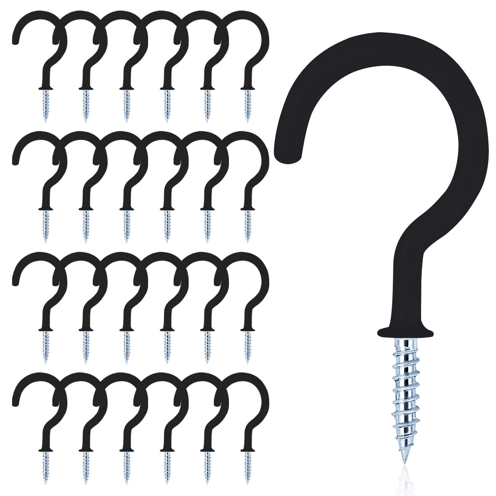 MJIYA 24 PCS Vinyl Coated Ceiling Hooks Question Mark Shape Hook Heavy Duty Screw Cup Hook for Bathroom Kitchen Wall Ceiling Hanging (Black1, 1 Inch)