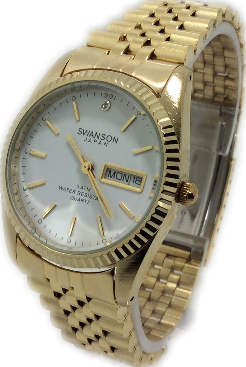 Reloj de Hombre Swanson Japan Watch Dorado Cara Blanca,Fecha & Dia Nuevo