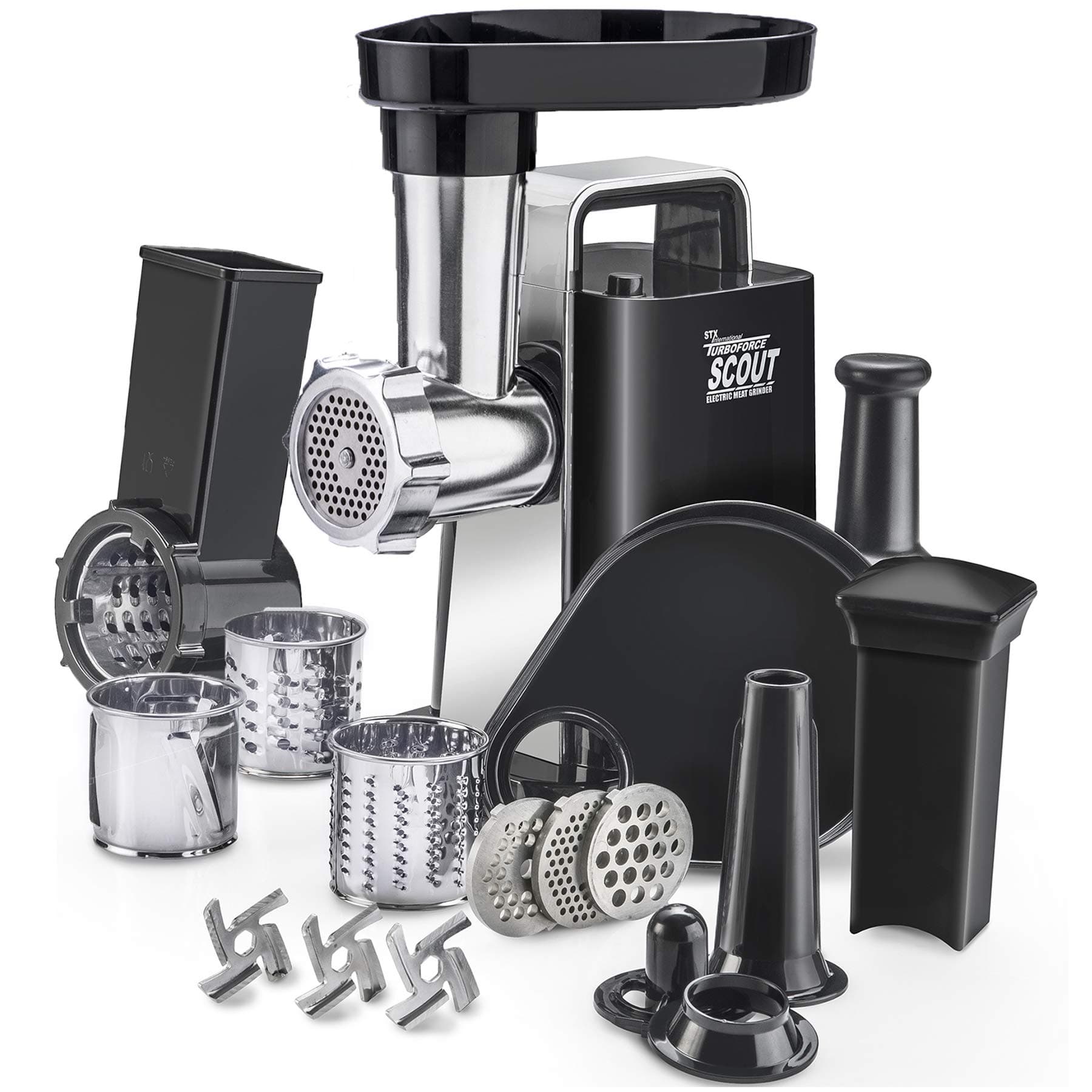 STX Turboforce Scout 1000 Series Electric Meat Grinder, Vegetable Slicer/Shredder & Sausage Stuffer Total Kit - 3 Grinding Plates, 3 Slicing/Shredder Drums, 3 S/S Blades, Sausage Tube & Kubbe Maker