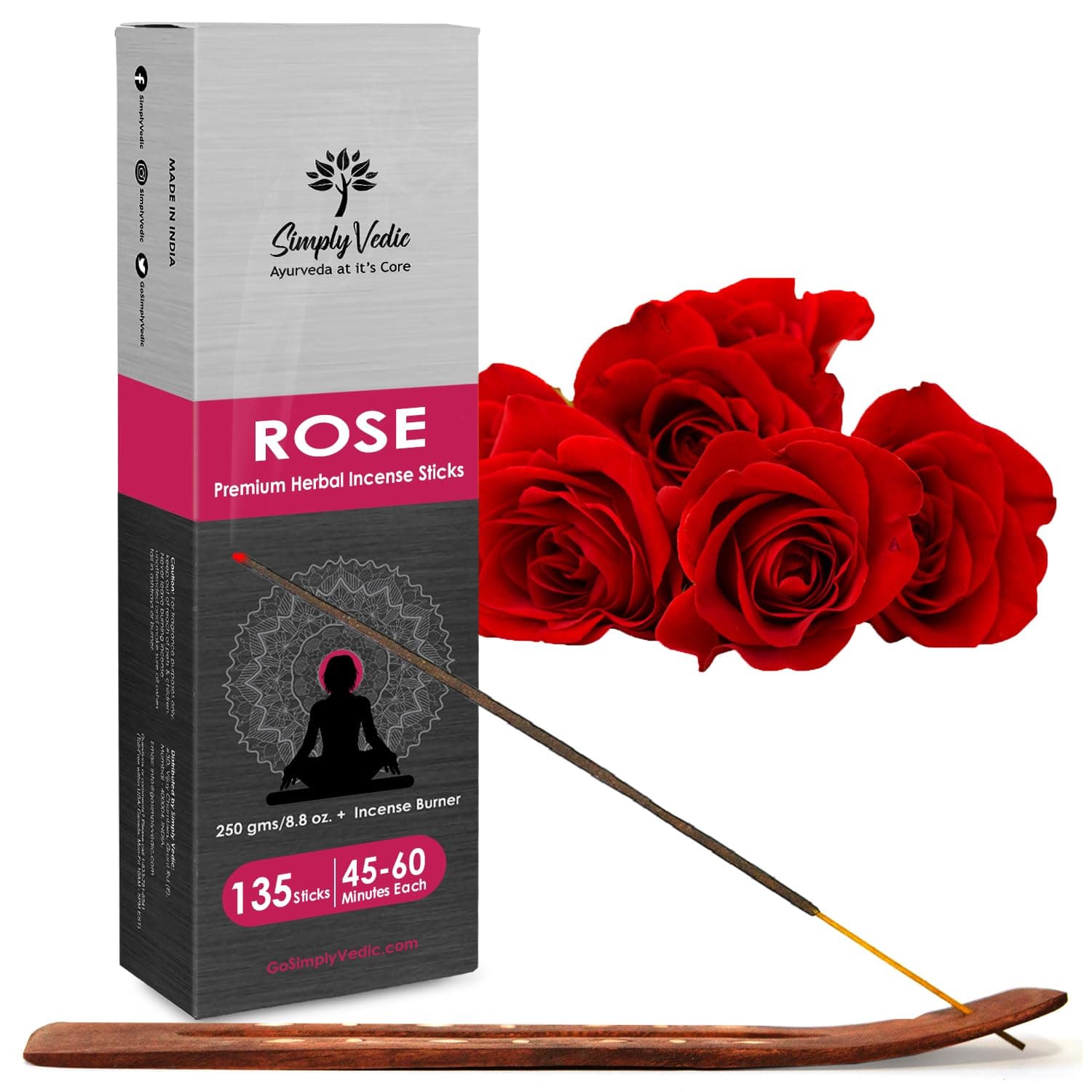 Simply VedicRose Incense Sticks 250g with Holder – 135 Hand-Rolled Agarbatti | Natural, Charcoal-Free, Long-Lasting Floral Aroma for Meditation, Yoga, Aromatherapy, Spiritual Healing & Gift Use