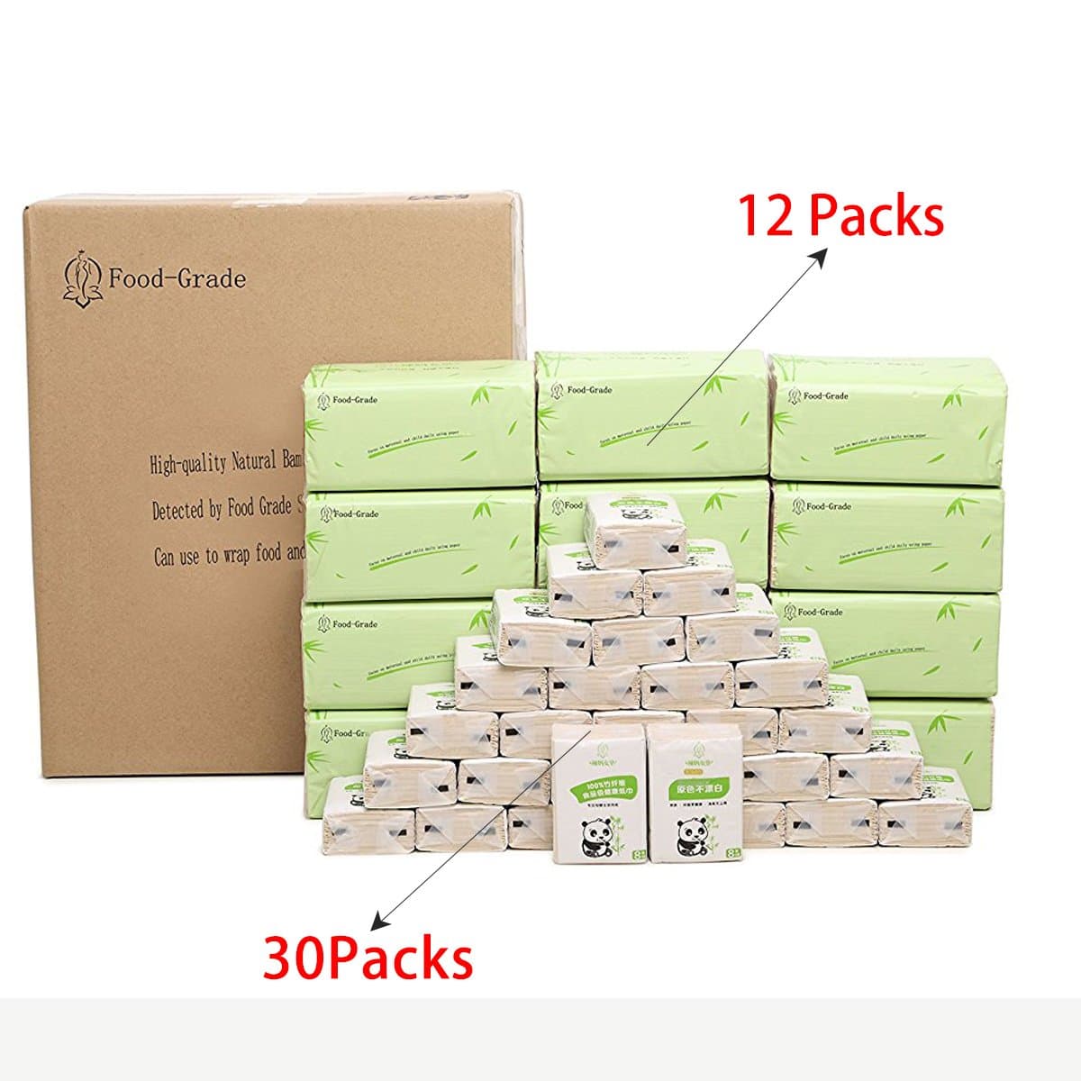 30 Pocket Packs 4-Ply Facial Tissues, 12 Packs 3-Ply Cube Box Facial Tissues Bamboo Paper No Bleaching Strong Water Asorption Soft and Strong LM001 [Energy Class A+]