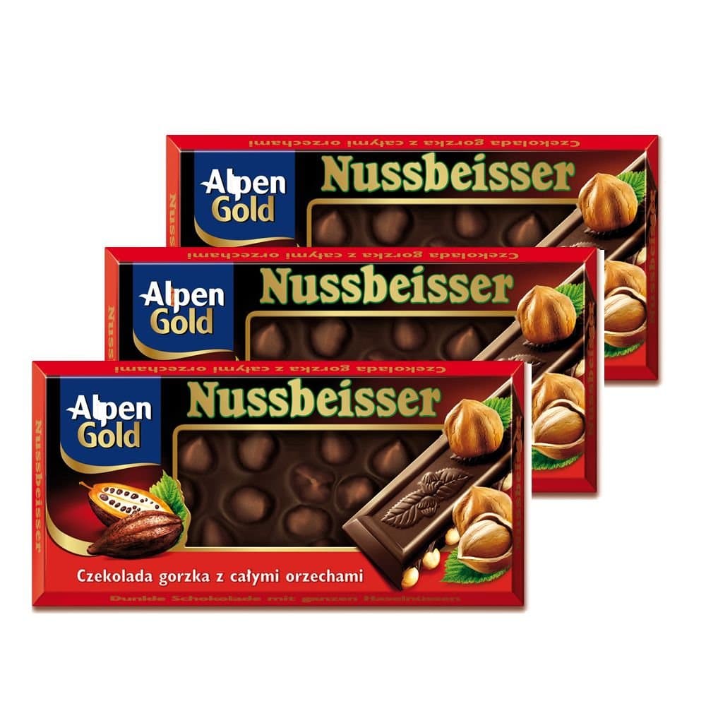 Alpen Gold Nussbeisser Dark Chocolate with Whole Hazelnuts 100g (Pack of 3)